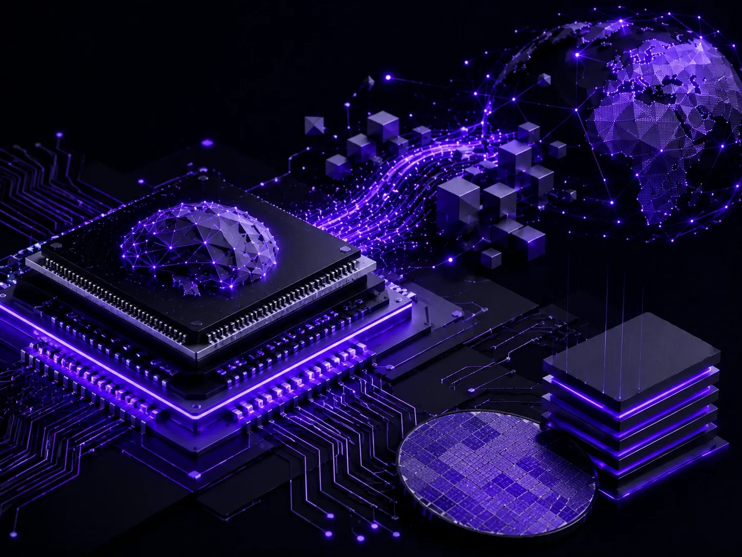 Advanced AI processor with silicon wafer and global data network illustrating custom AI chip development.