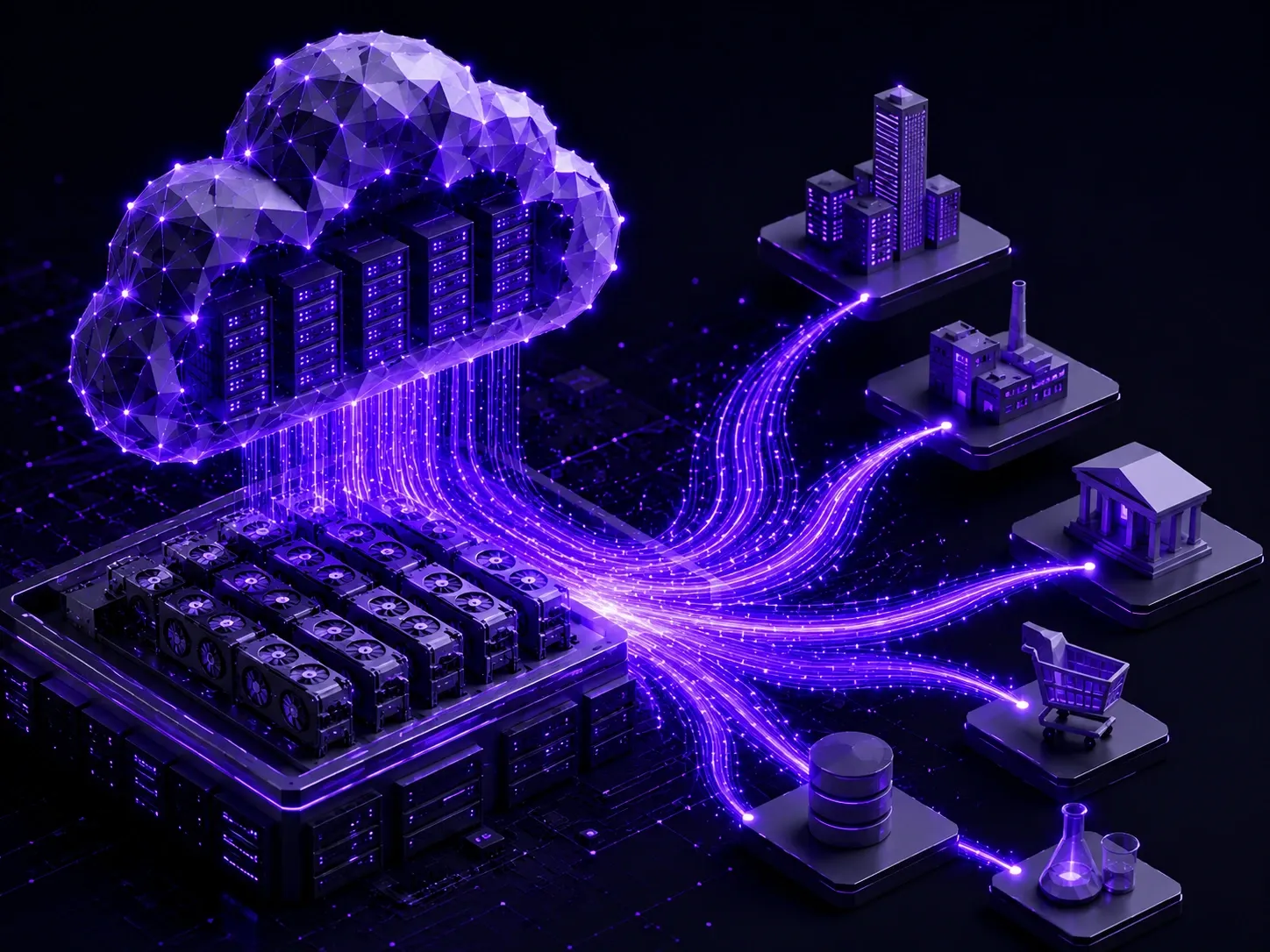 Cloud AI infrastructure with GPU clusters and flowing data streams representing enterprise AI compute services.