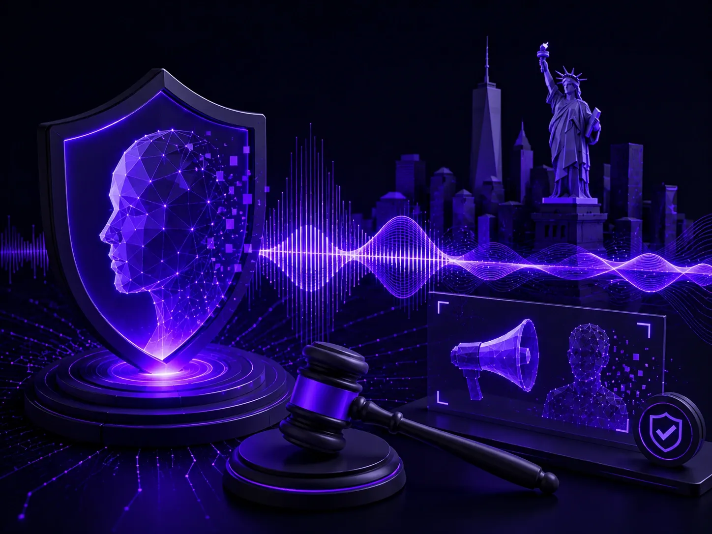 Digital identity shield with waveform and legal symbols representing AI disclosure and synthetic media regulation.