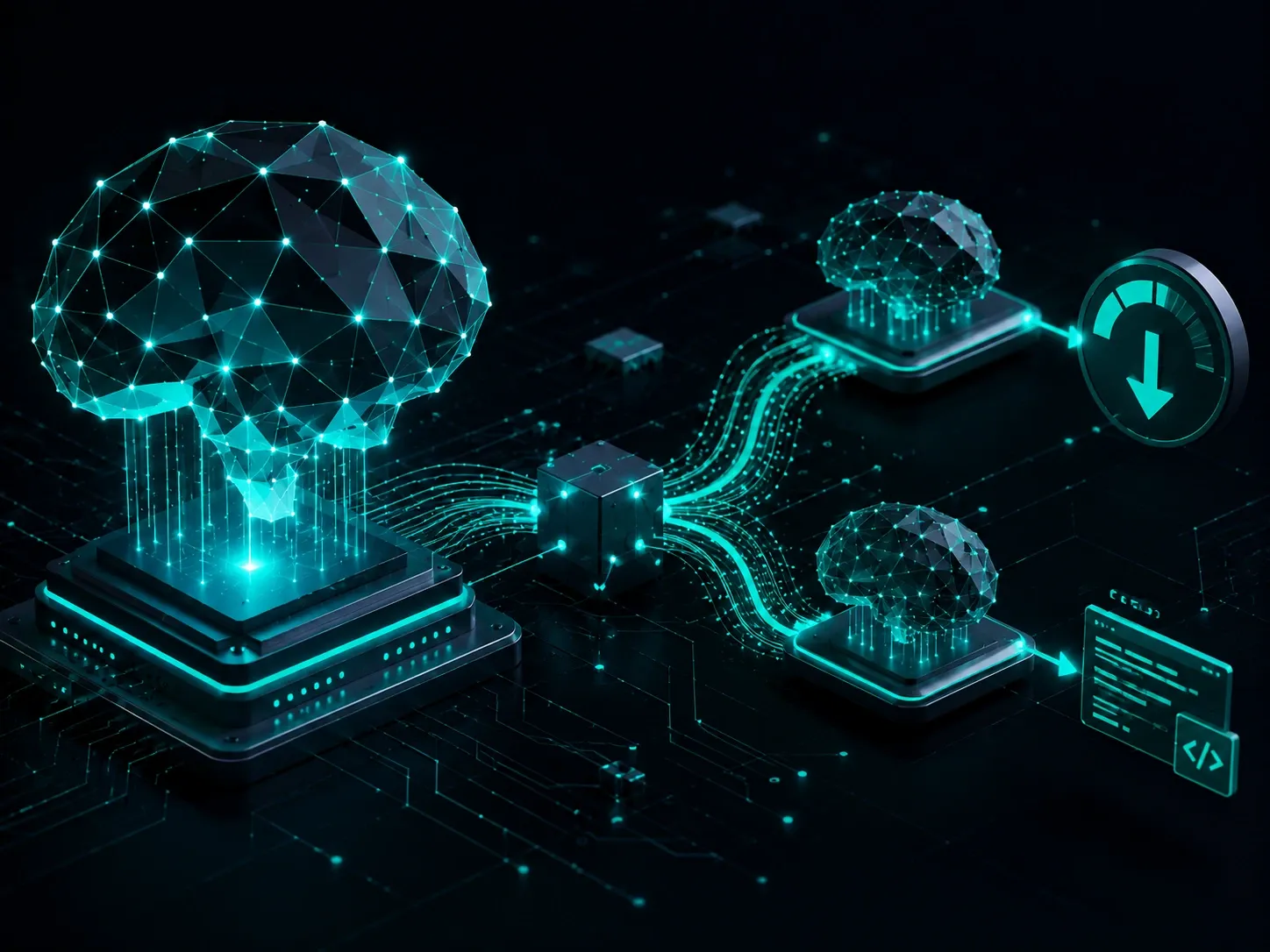 Multi-model AI routing architecture with connected neural nodes illustrating autonomous coding workflow optimization.