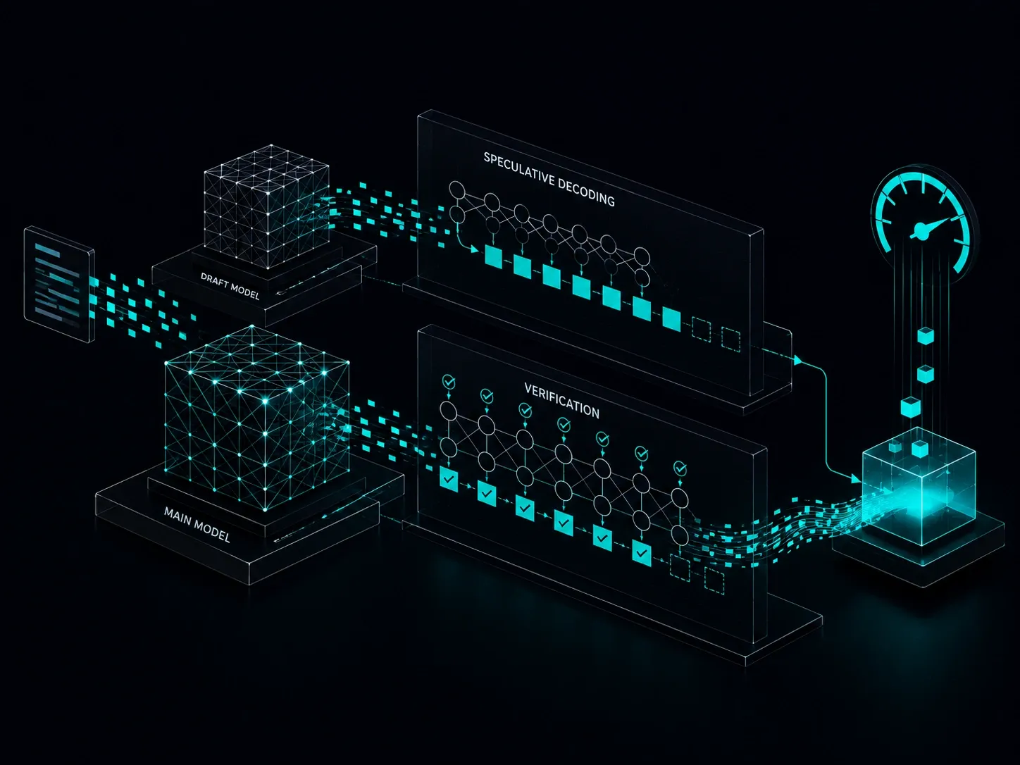 Speculative AI inference pipeline with connected models accelerating language model generation speed.