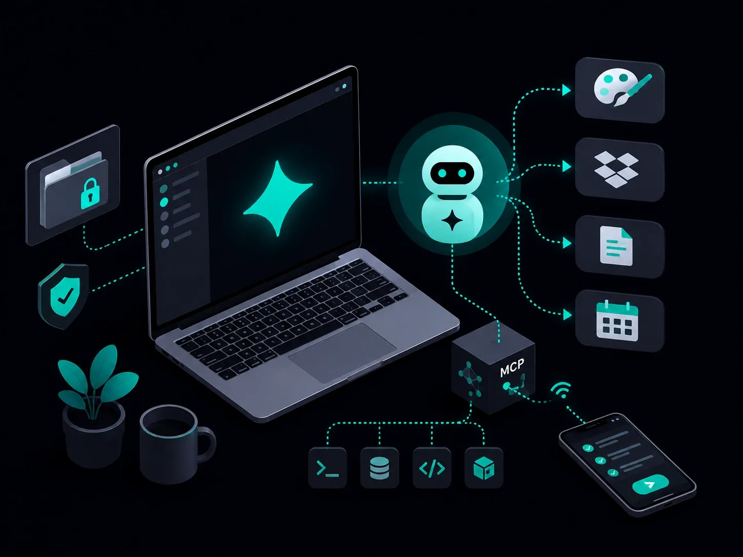 Isometric AI desktop workspace showing intelligent automation, secure file access, and connected productivity tools.