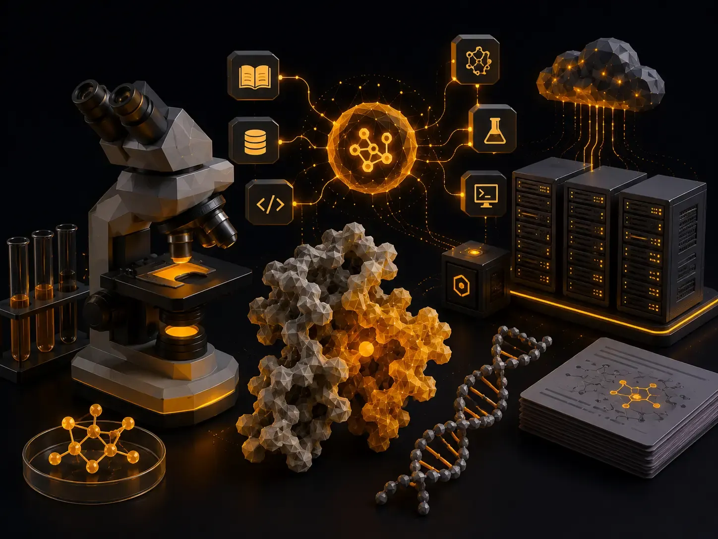 AI-powered scientific research workspace featuring microscope, molecular structures, HPC servers, and reproducible workflows.
