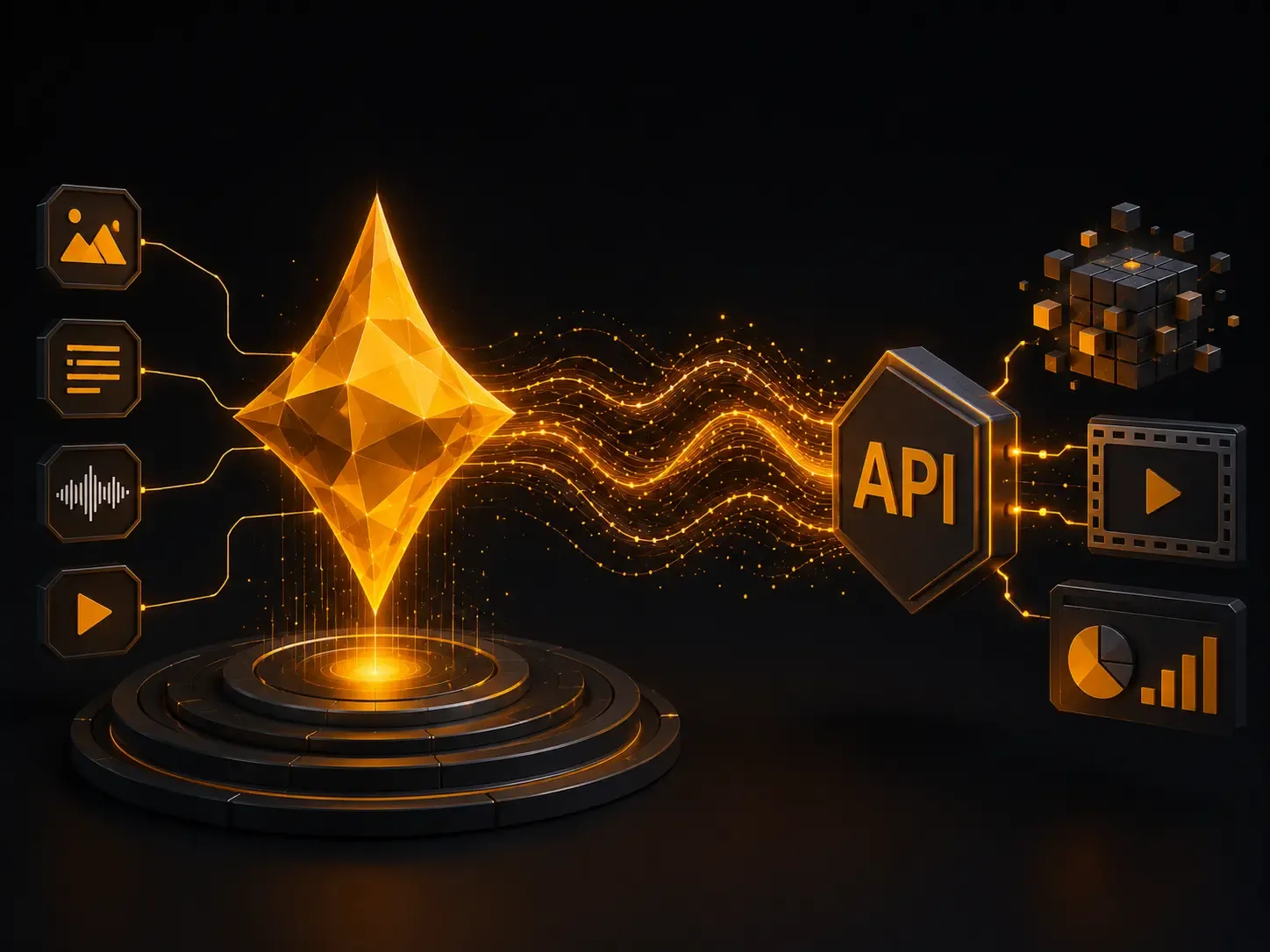 Multimodal AI API pipeline with glowing data streams connecting image, audio, video, and analytics workflows.