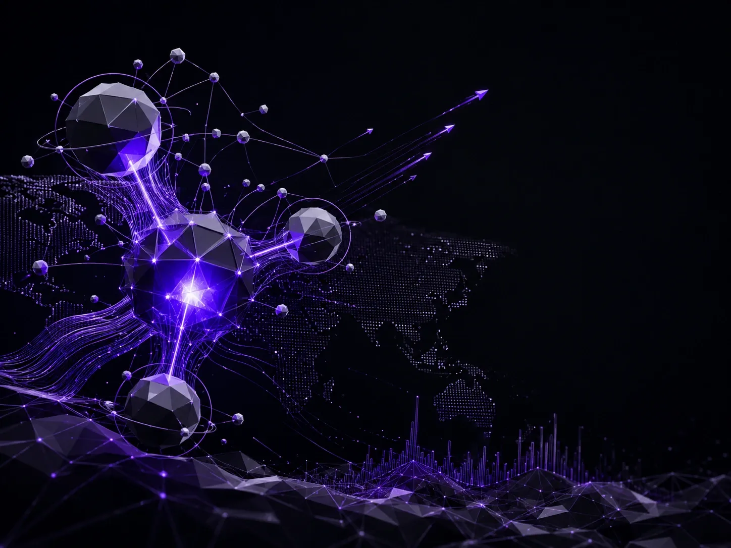 Abstract low-poly AI network illustrating GPT-5.6 model family with interconnected reasoning nodes and global data flows.