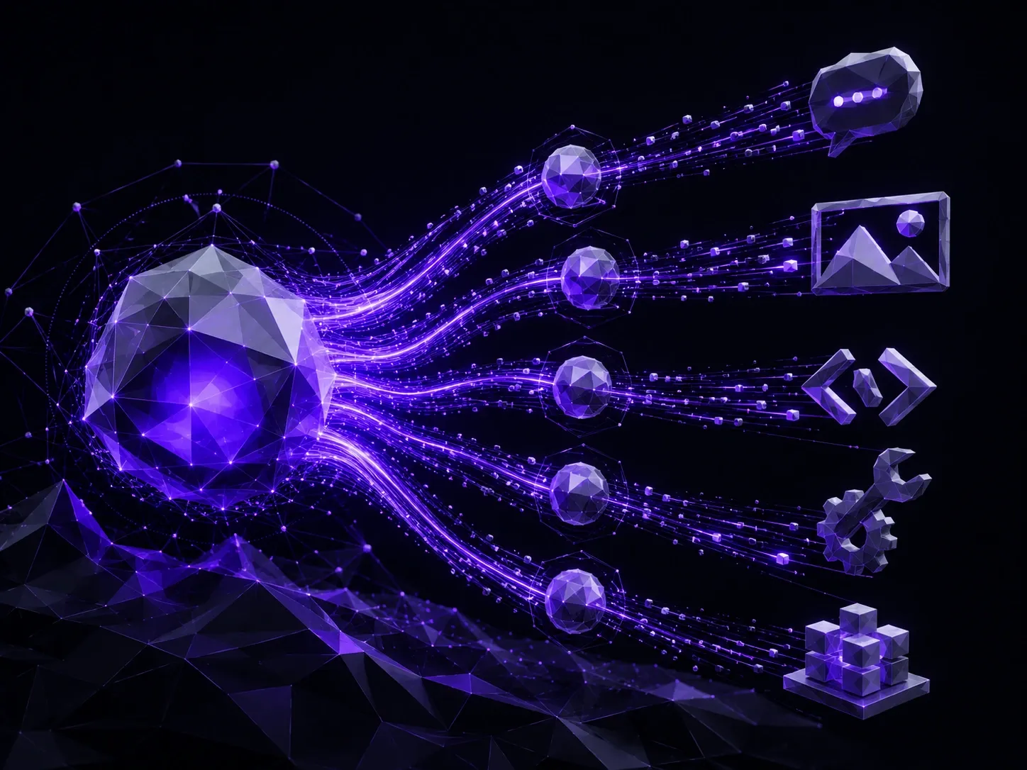 Low-poly data streams flowing through multimodal AI architecture representing enterprise AI models and developer APIs.