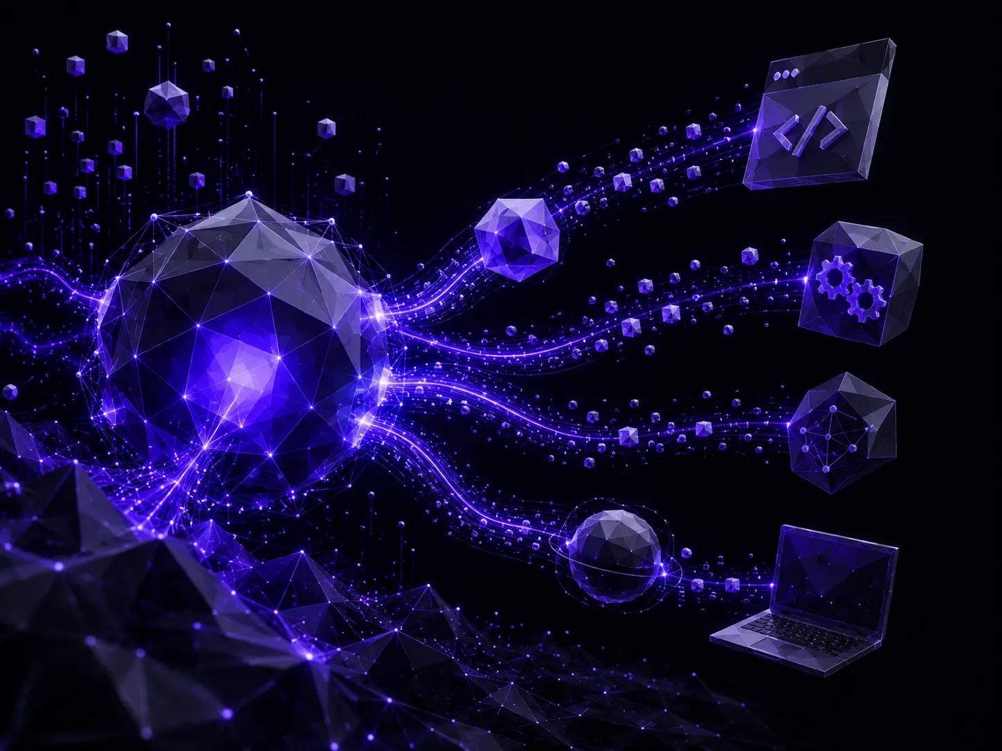 Futuristic low-poly AI infrastructure with coding workflows, developer tools, and interconnected data streams.