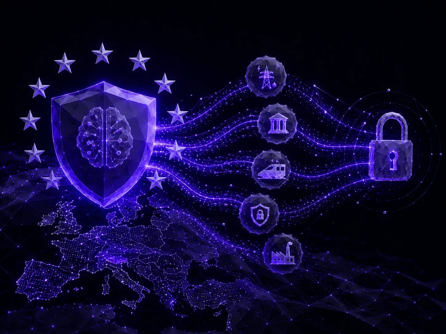 Abstract cybersecurity network with AI shield protecting European critical infrastructure through secure digital connections.