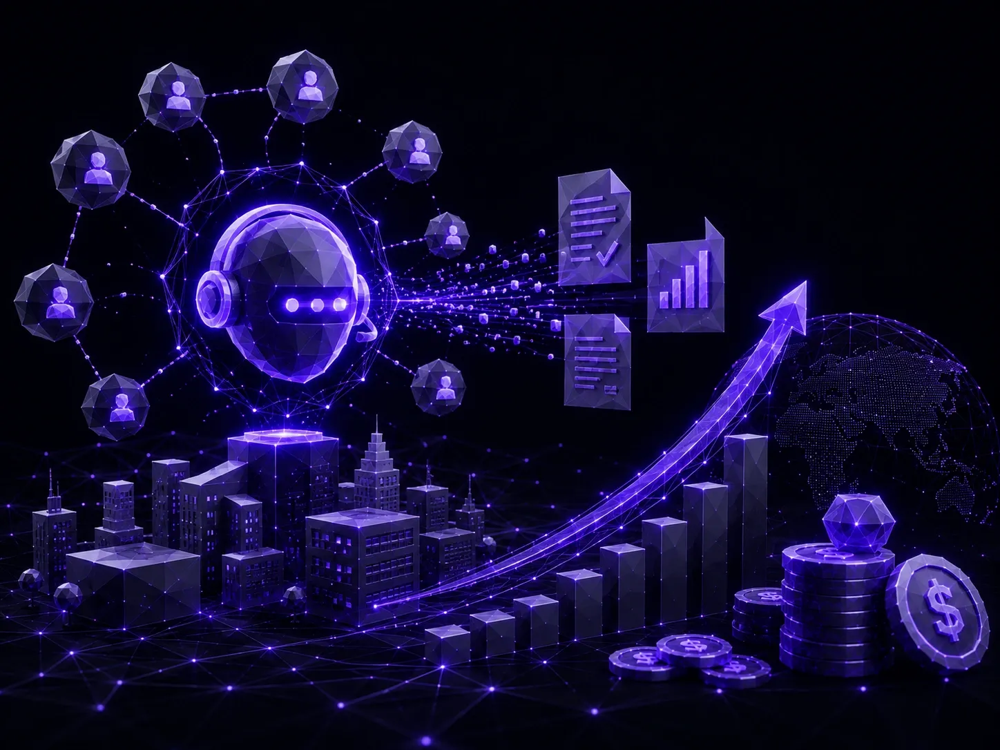 Low-poly AI agent managing enterprise finance workflows with connected investment analytics and funding growth visualization.