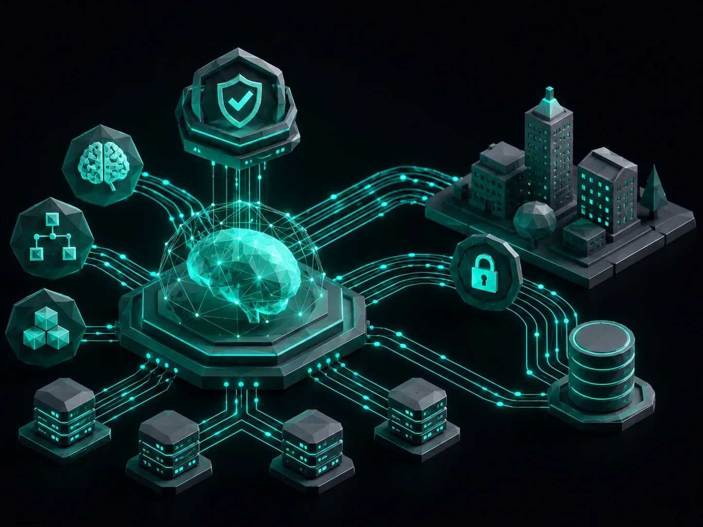 Secure enterprise AI architecture with low-poly neural core, circuit pathways, and protected data infrastructure.