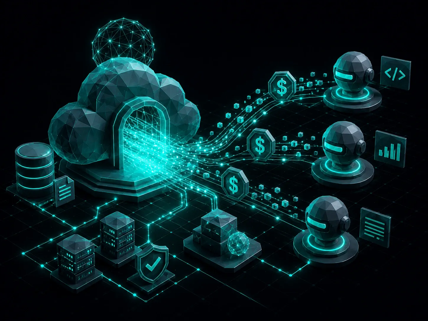 Low-poly cloud infrastructure enabling AI agent micropayments through secure machine-to-machine data transactions.