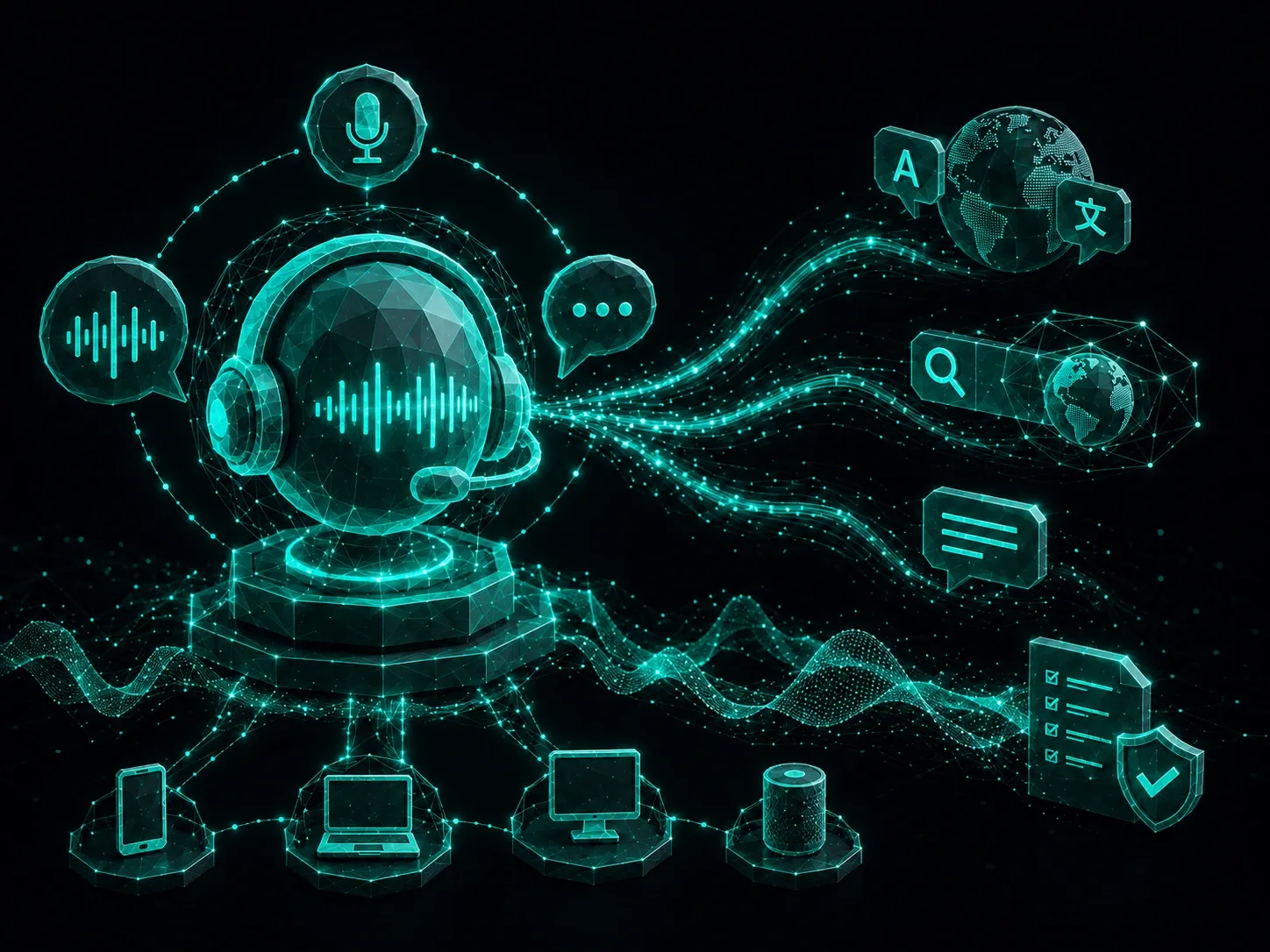 Abstract voice AI hub with real-time conversational data streams, translation, search, and multimodal communication.