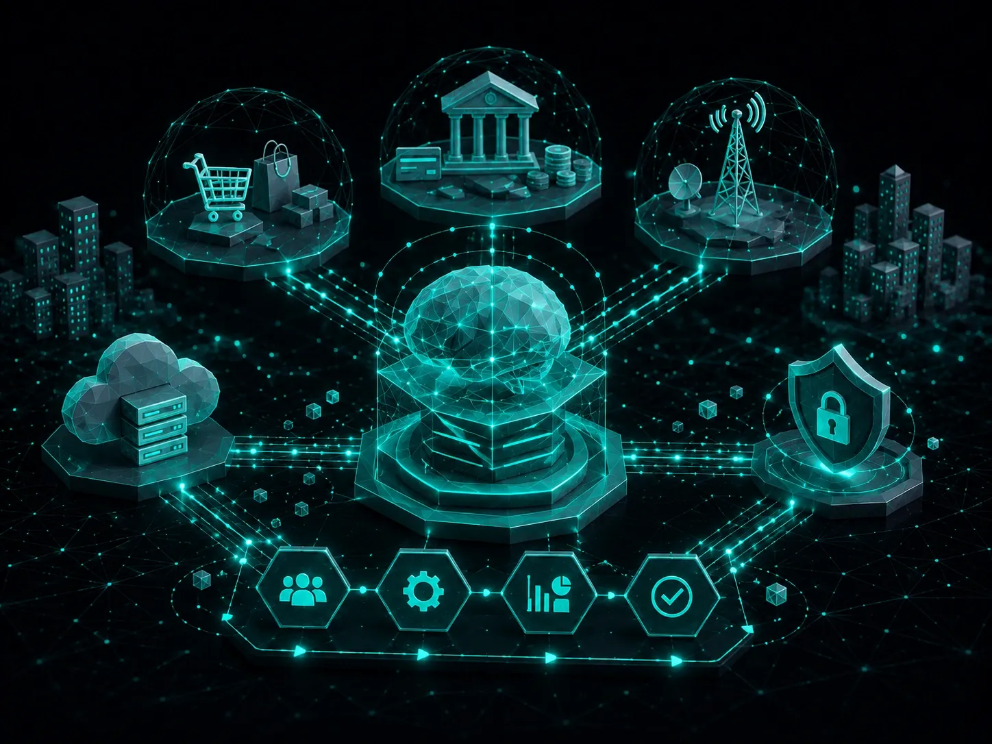 Enterprise AI ecosystem connecting intelligent agents across retail, banking, telecom, and secure cloud infrastructure.
