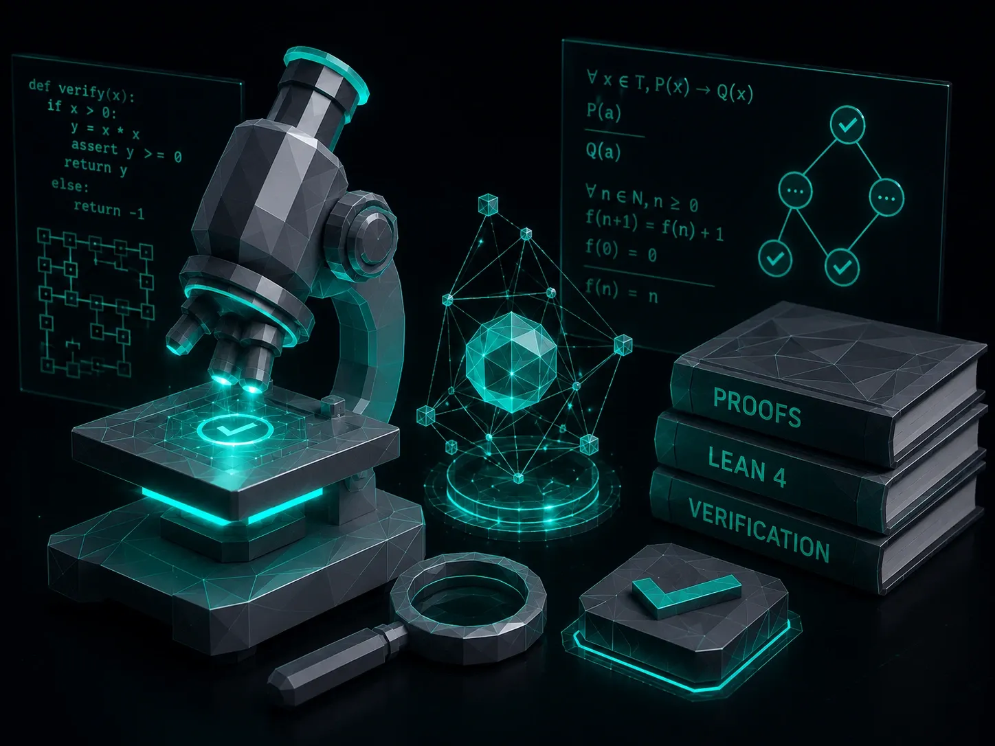 Low-poly research laboratory with mathematical code verification, proof systems, and software validation concepts.