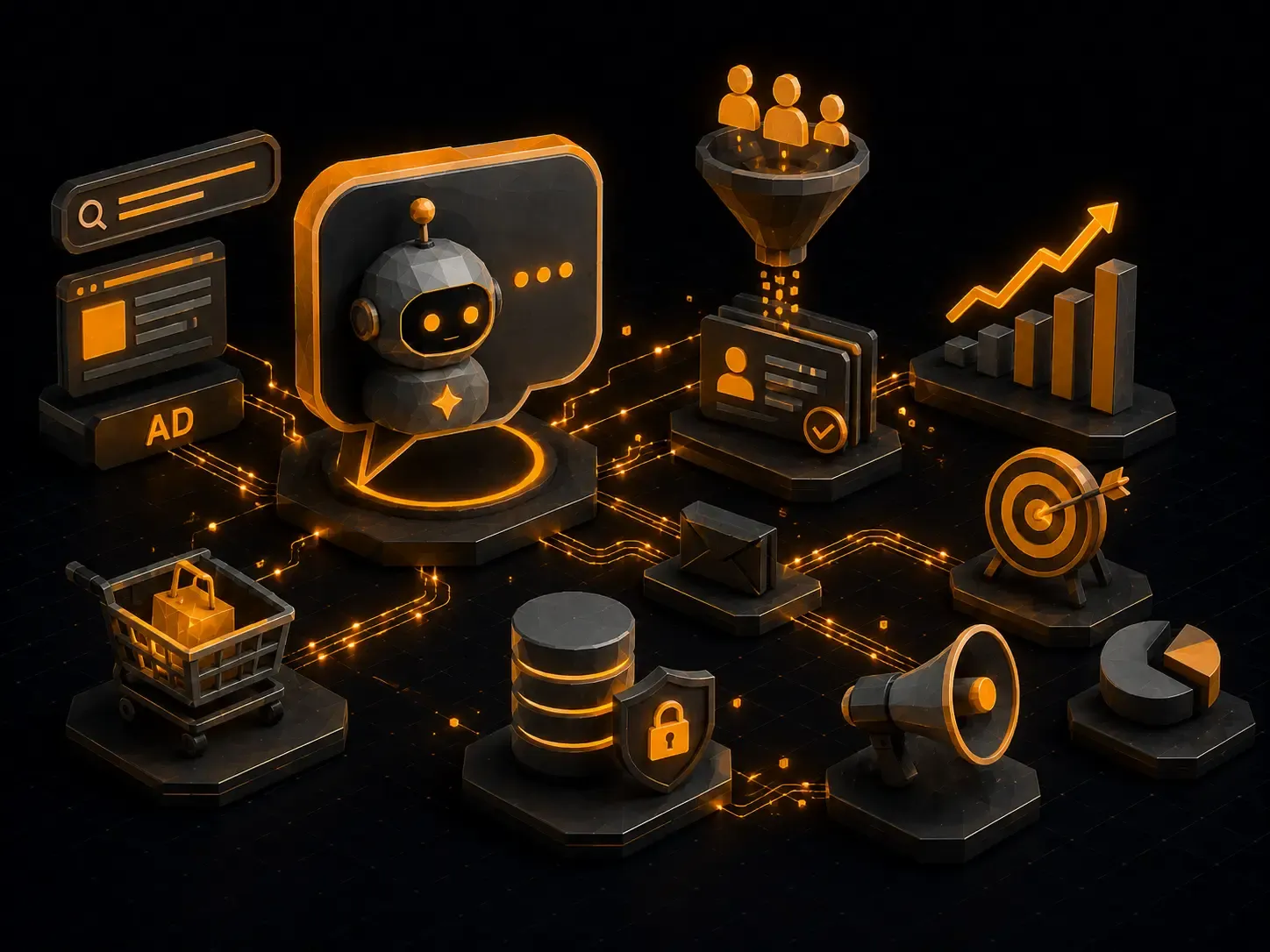 AI-powered marketing workspace with lead generation, analytics, shopping, and campaign optimization network.
