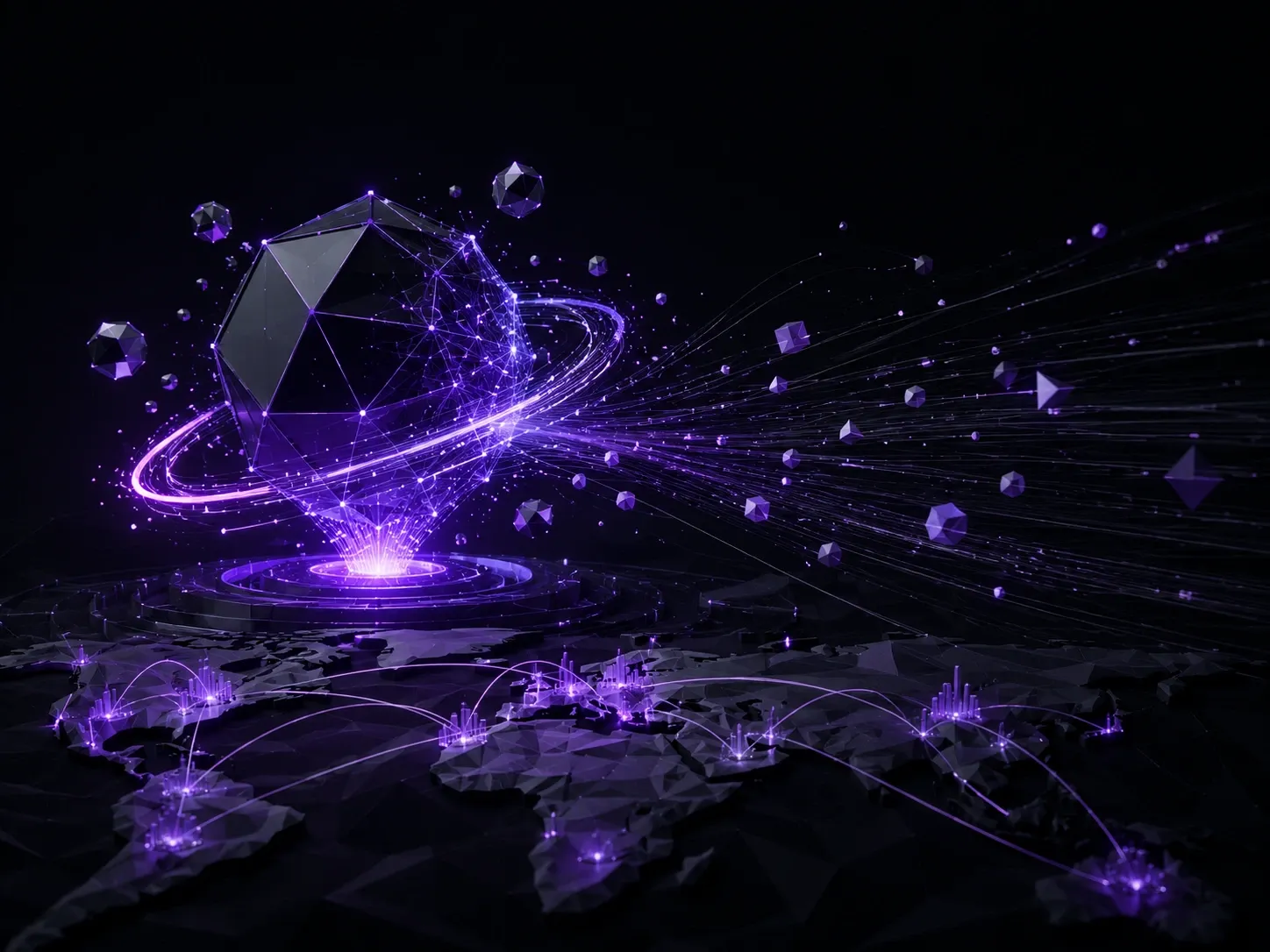 Abstract low-poly data streams flowing across a global network, symbolizing large-scale AI innovation and connectivity.
