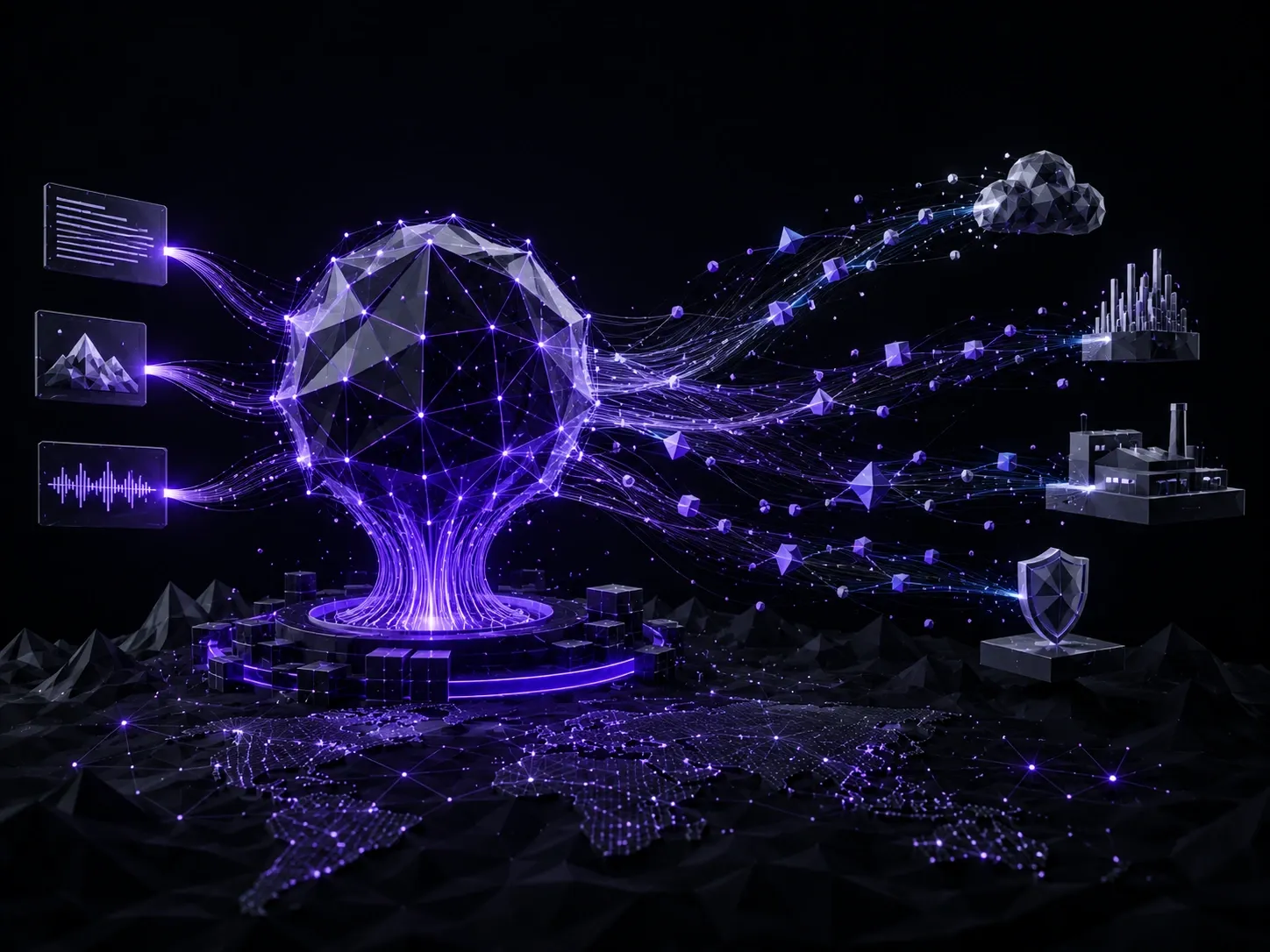 Low-poly multimodal AI core distributing data across cloud, enterprise, and industrial systems worldwide.