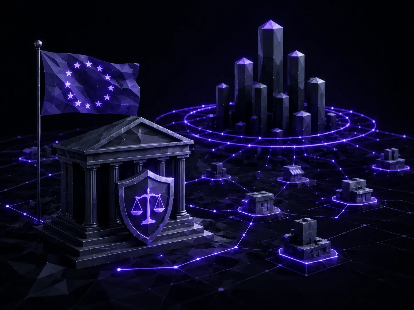 Digital courthouse and connected network illustrating AI regulation, market oversight, and global technology governance.