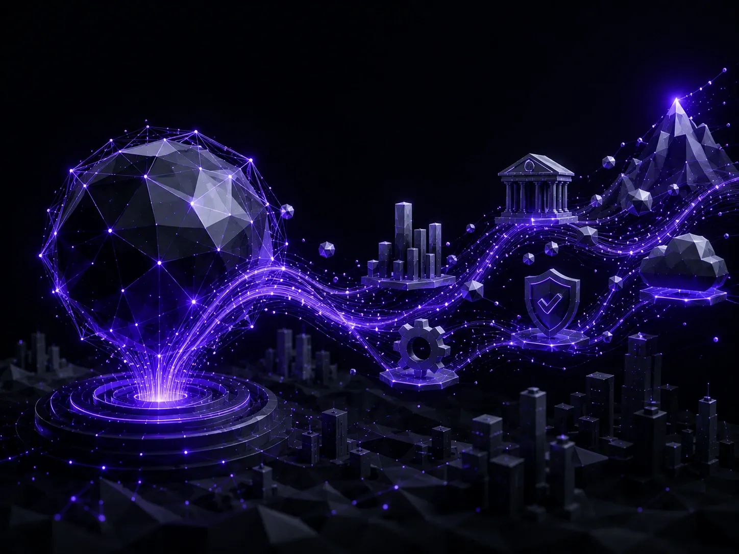 Flowing enterprise data network linking AI infrastructure, security, and cloud systems in a futuristic landscape.