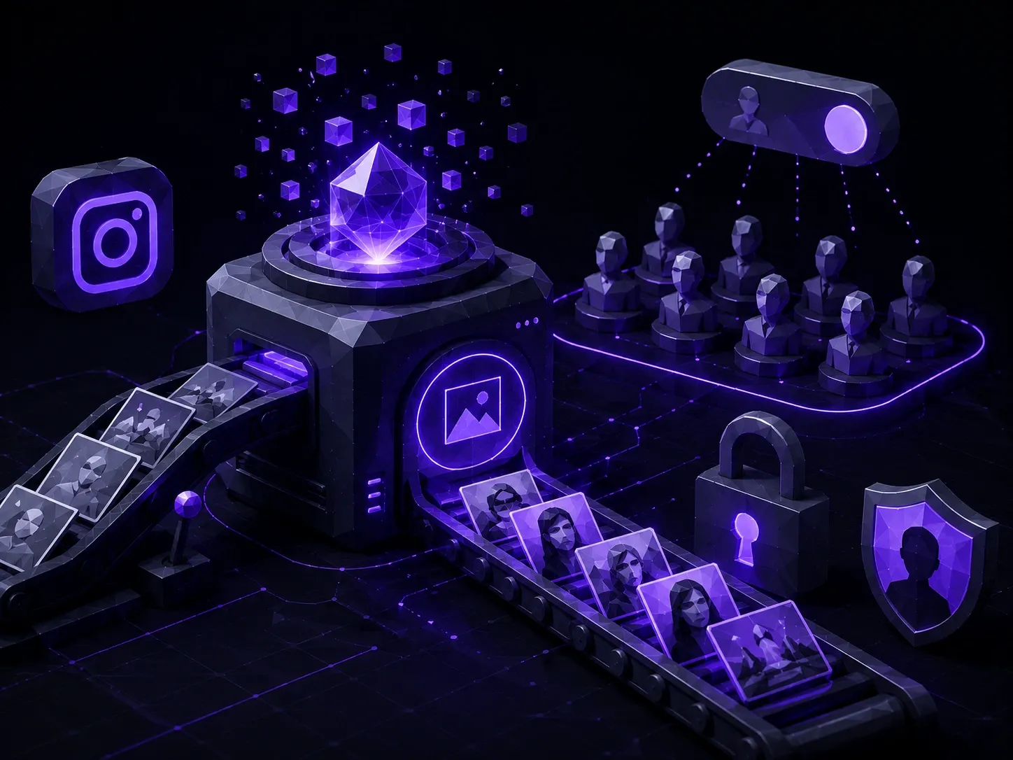 AI image generation pipeline with privacy safeguards and user data flowing through a secure digital workspace.