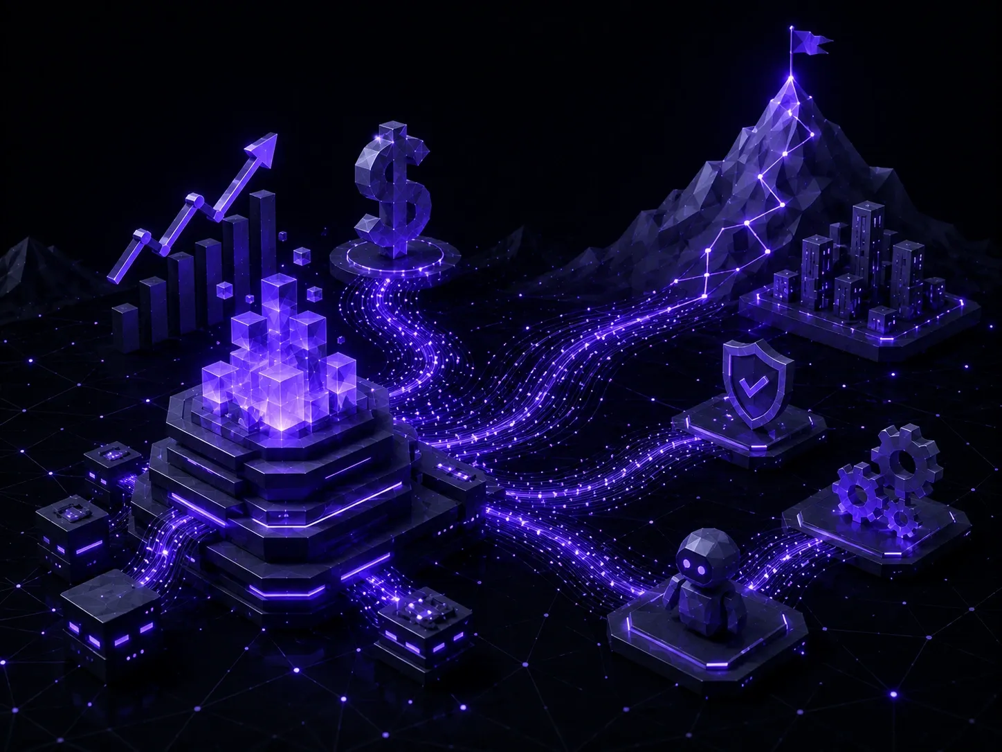 Futuristic data platform visualizing AI funding, governance, automation, and enterprise workflow orchestration.