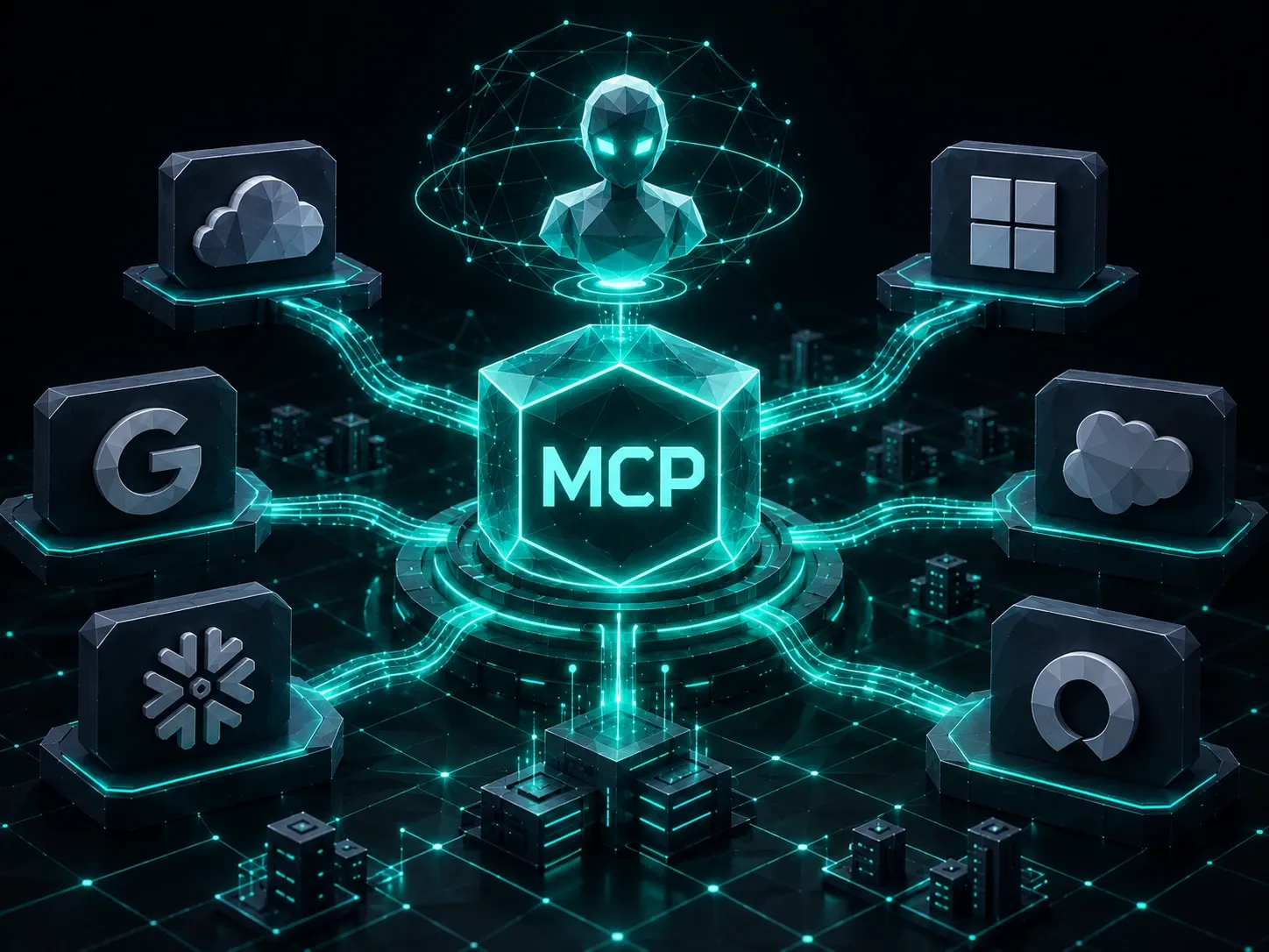 Central MCP hub connecting enterprise platforms through standardized AI agent integrations and interoperable data pipelines.