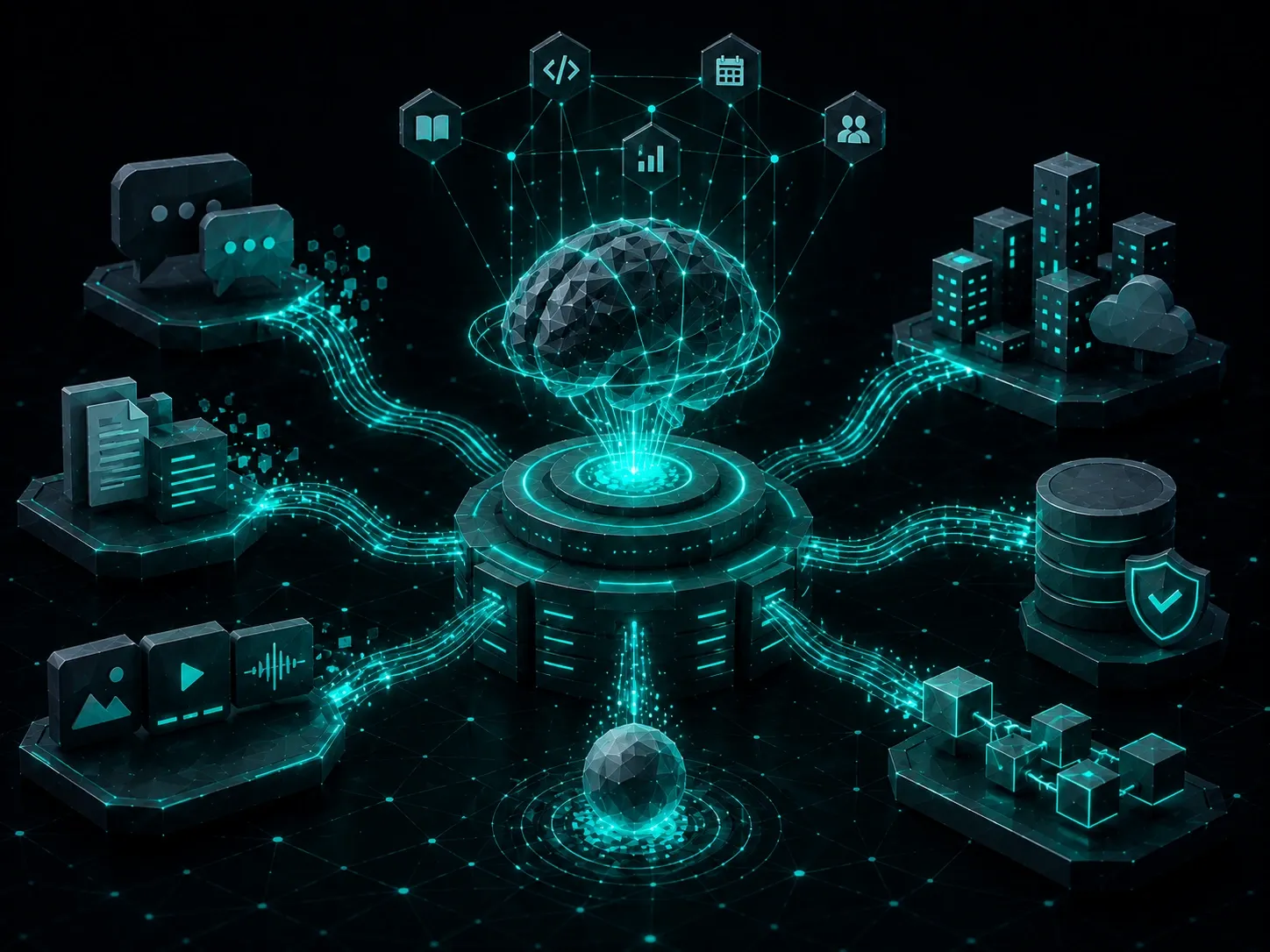 Connected AI infrastructure powering enterprise applications, databases, cloud services, and developer tools through shared protocols.
