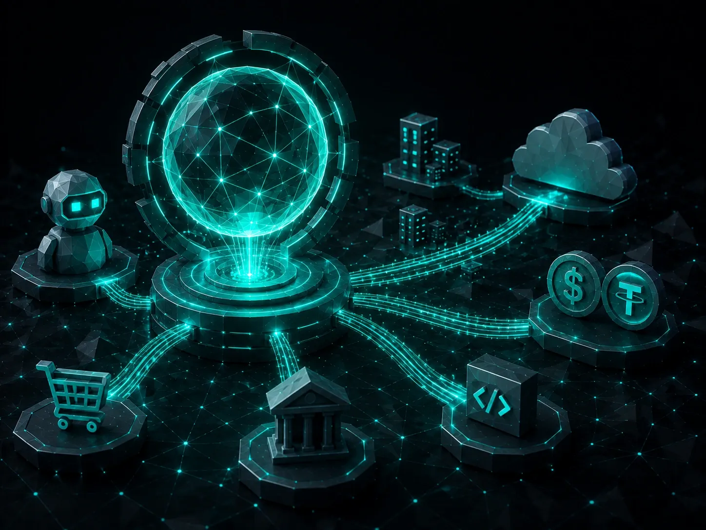 Global AI network linking cloud services, finance, commerce, and enterprise systems with intelligent automation.