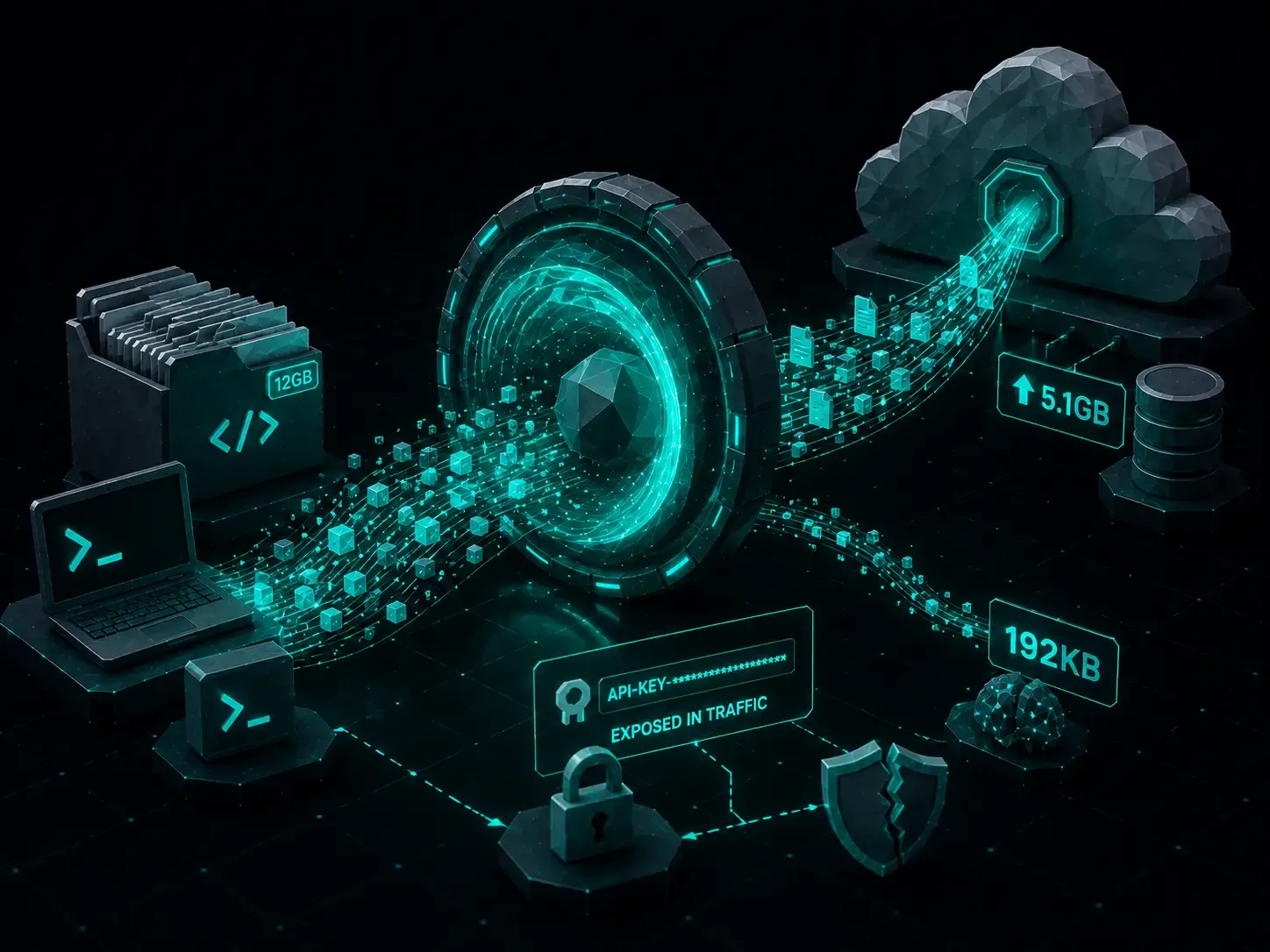 Secure AI gateway transferring enterprise data through encrypted pipelines and cloud infrastructure for developer workflows.