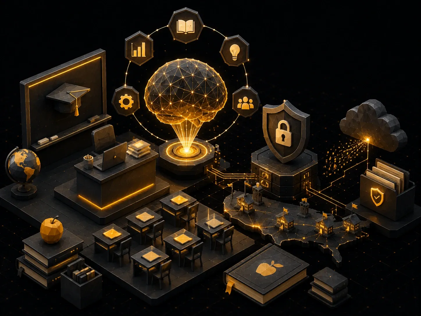 AI-powered education ecosystem connecting classrooms, cloud platforms, security, and intelligent learning resources.