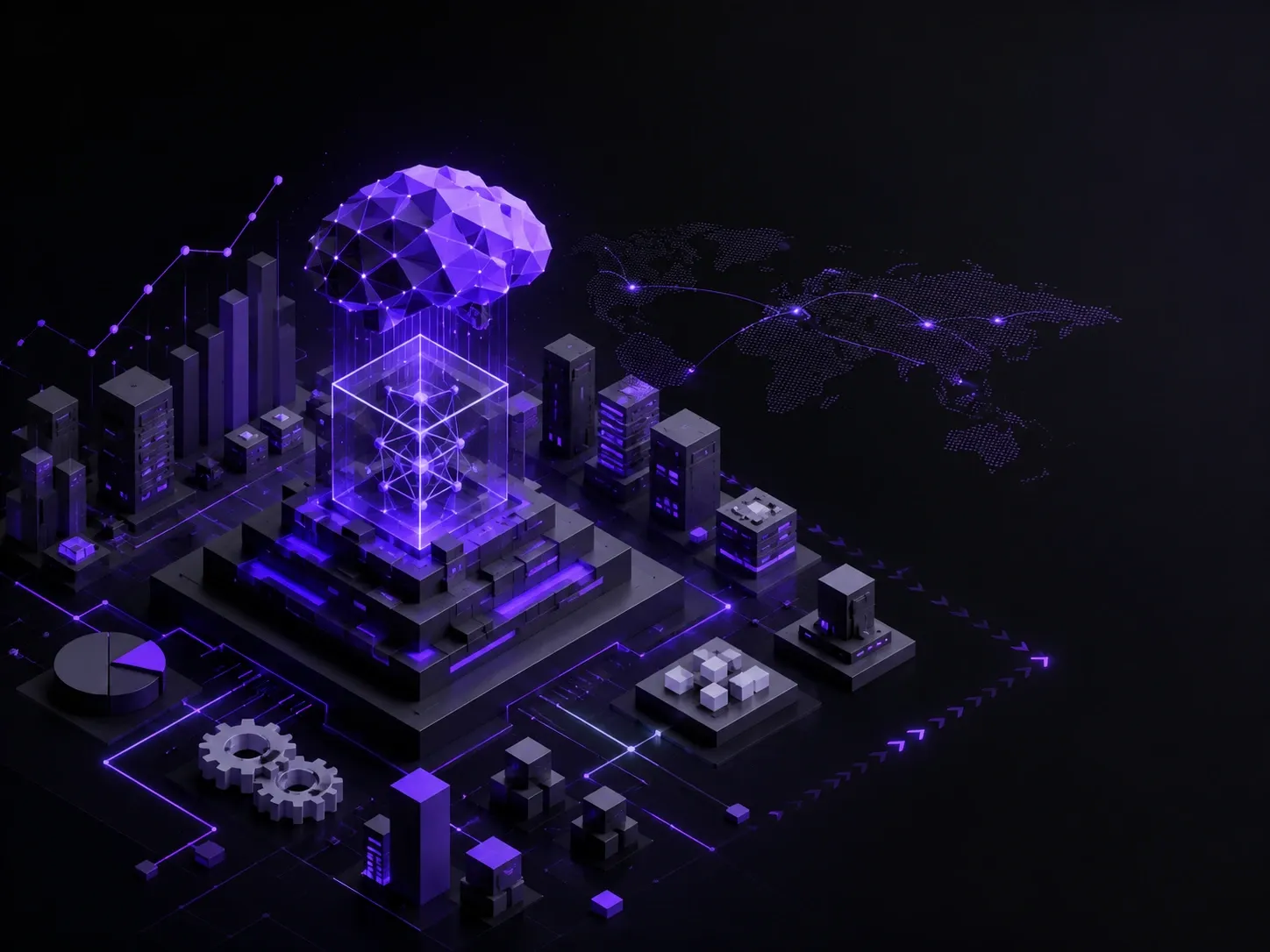 3D isometric AI infrastructure illustrating a next-generation language model powering enterprise coding and knowledge workflows.