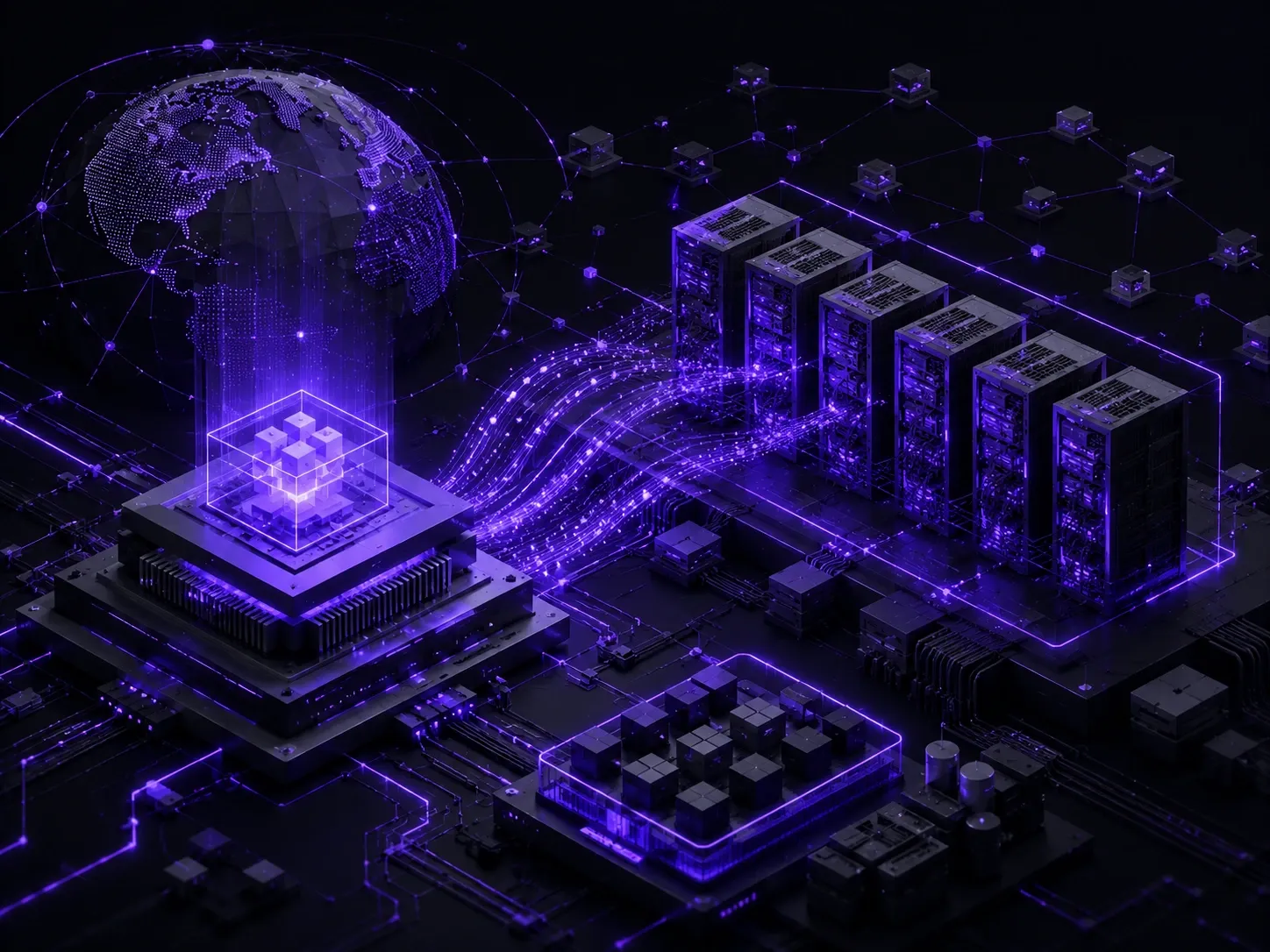 Low-poly GPU data centre with connected AI compute infrastructure symbolising enterprise AI hardware collaboration.