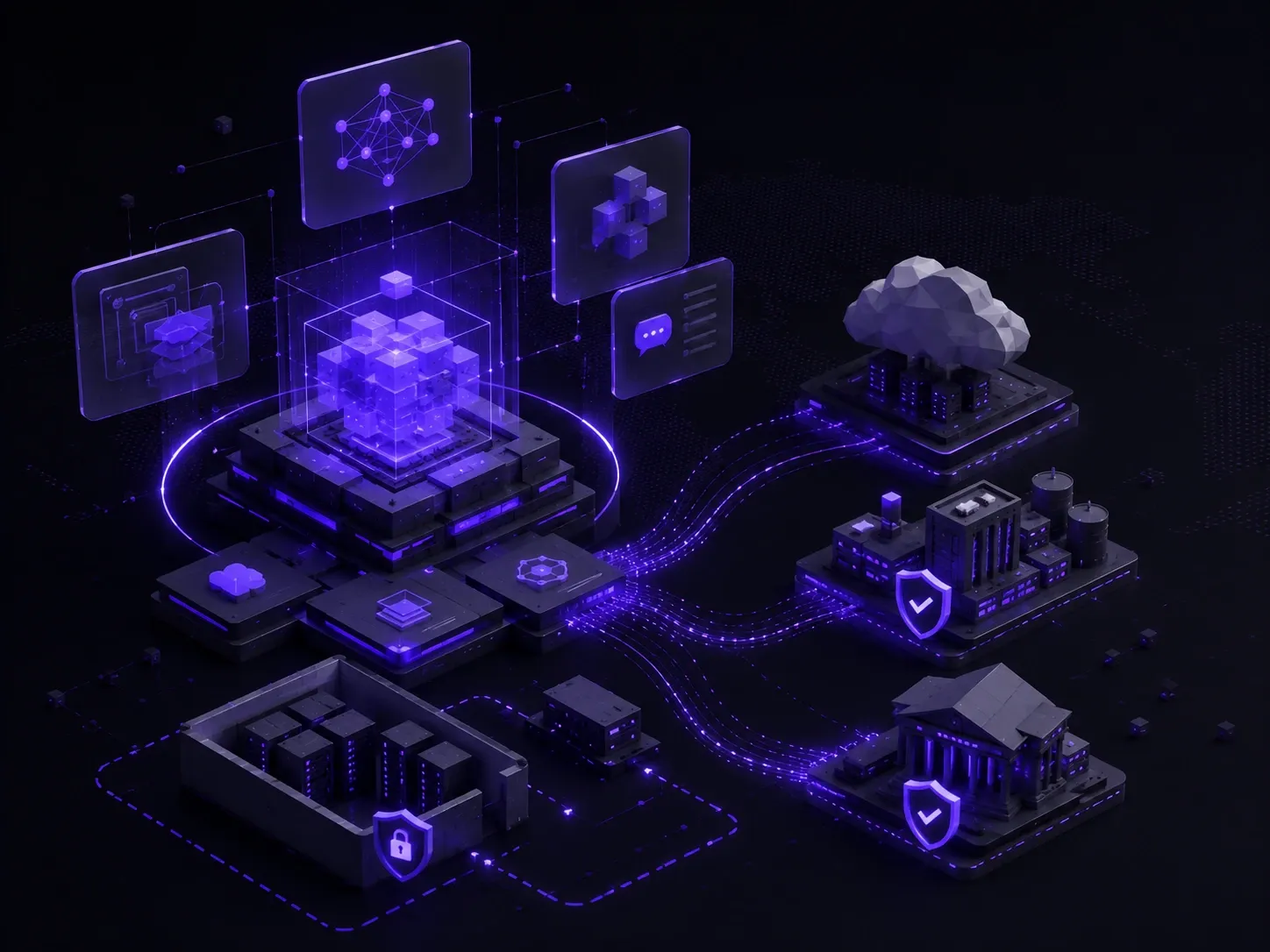 Futuristic enterprise AI architecture with connected cloud, secure infrastructure and floating workflow panels.