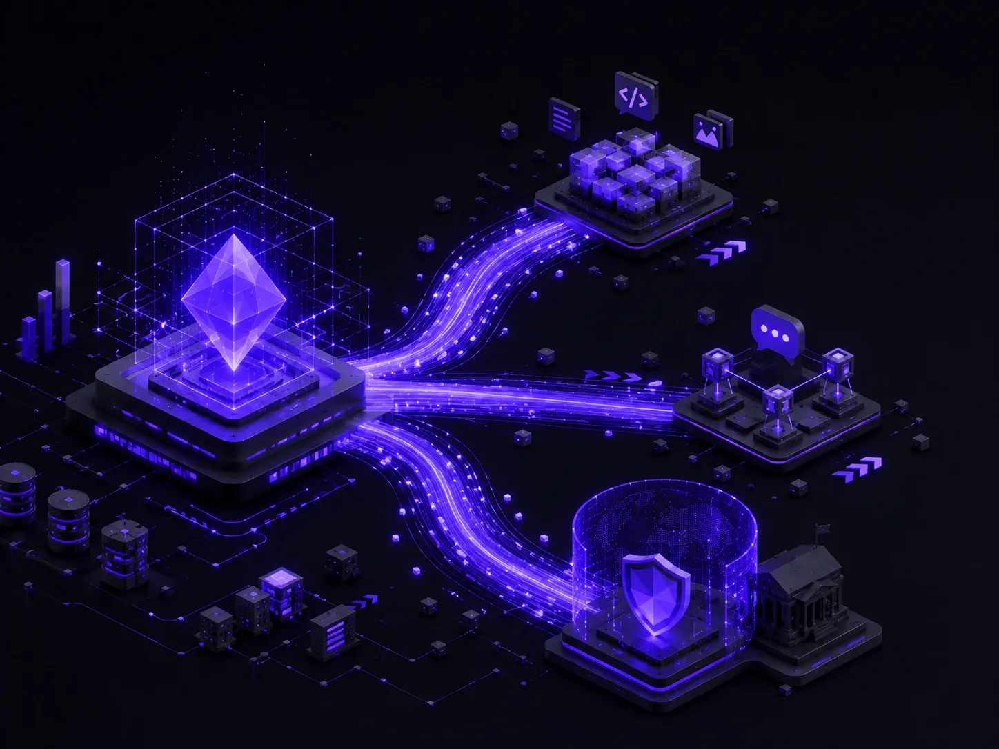 Abstract AI data streams connecting coding, cybersecurity and multimodal intelligence across a futuristic platform.