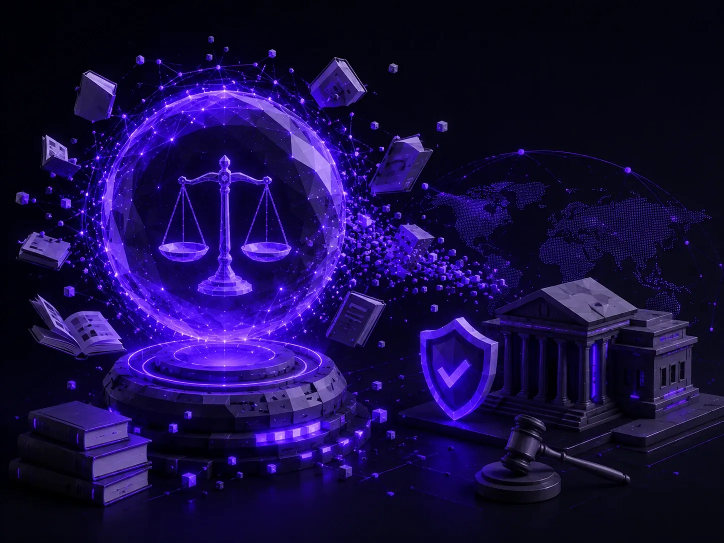 Glowing legal portal with books, courthouse and security elements representing AI copyright and regulatory compliance.