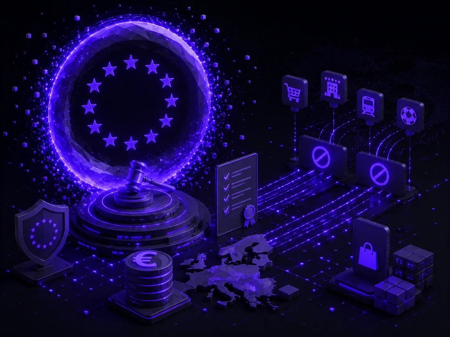 Abstract regulatory portal with compliance pathways representing digital markets regulation and platform oversight.
