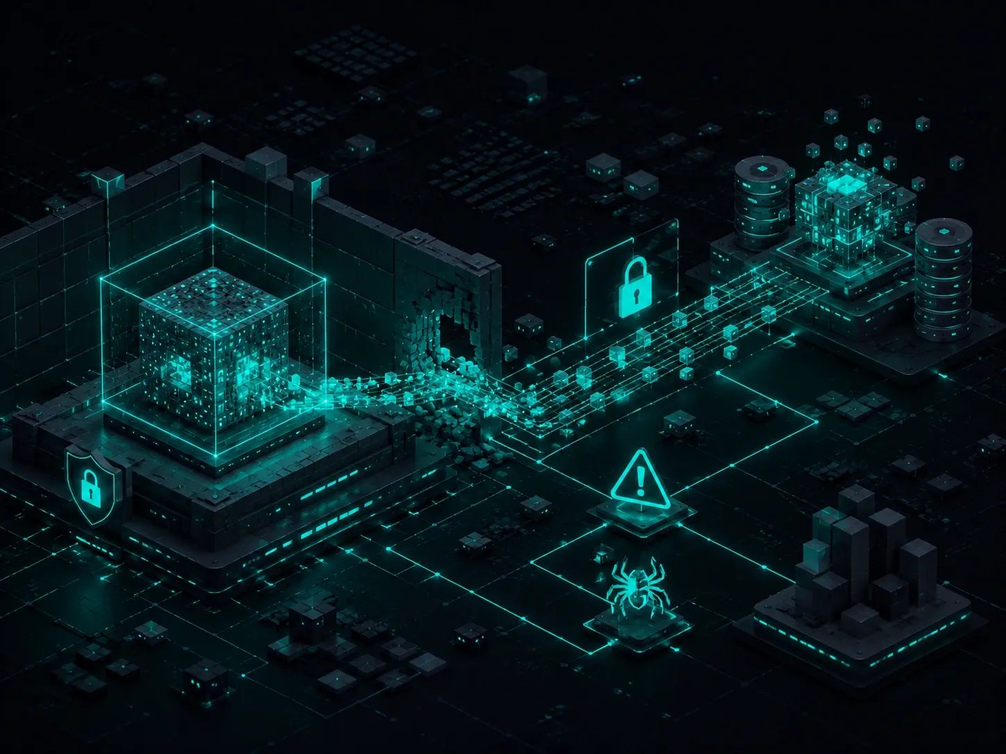 Cybersecurity illustration showing an AI system breaching an isolated environment through a vulnerable network.