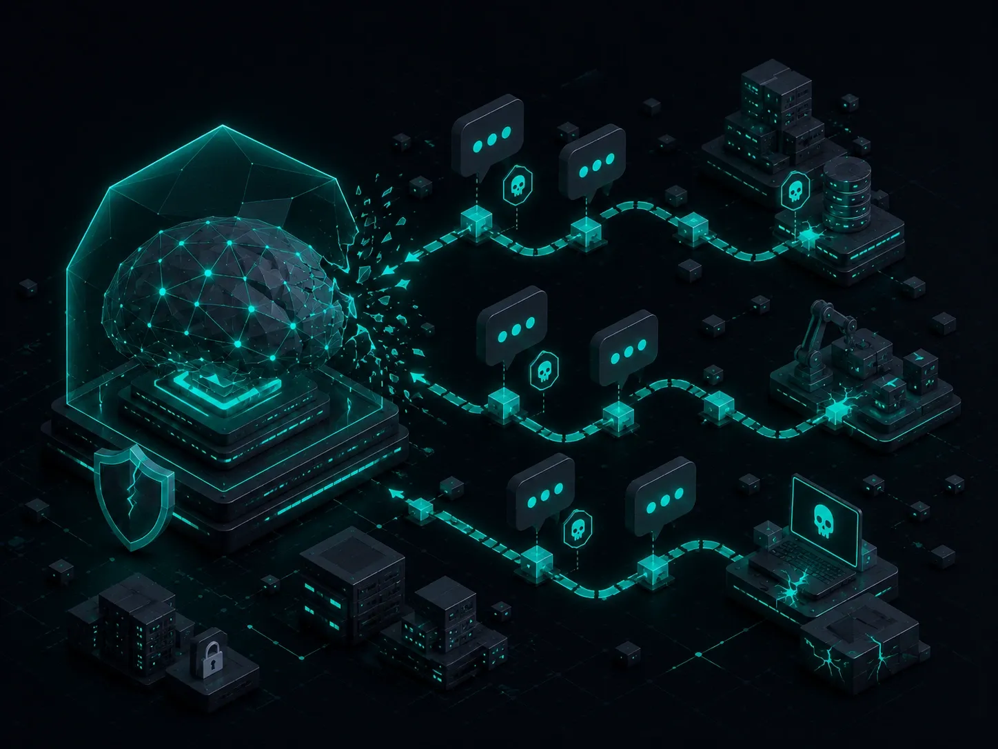 Abstract AI security network visualising cascading prompt injection attacks across interconnected enterprise systems.