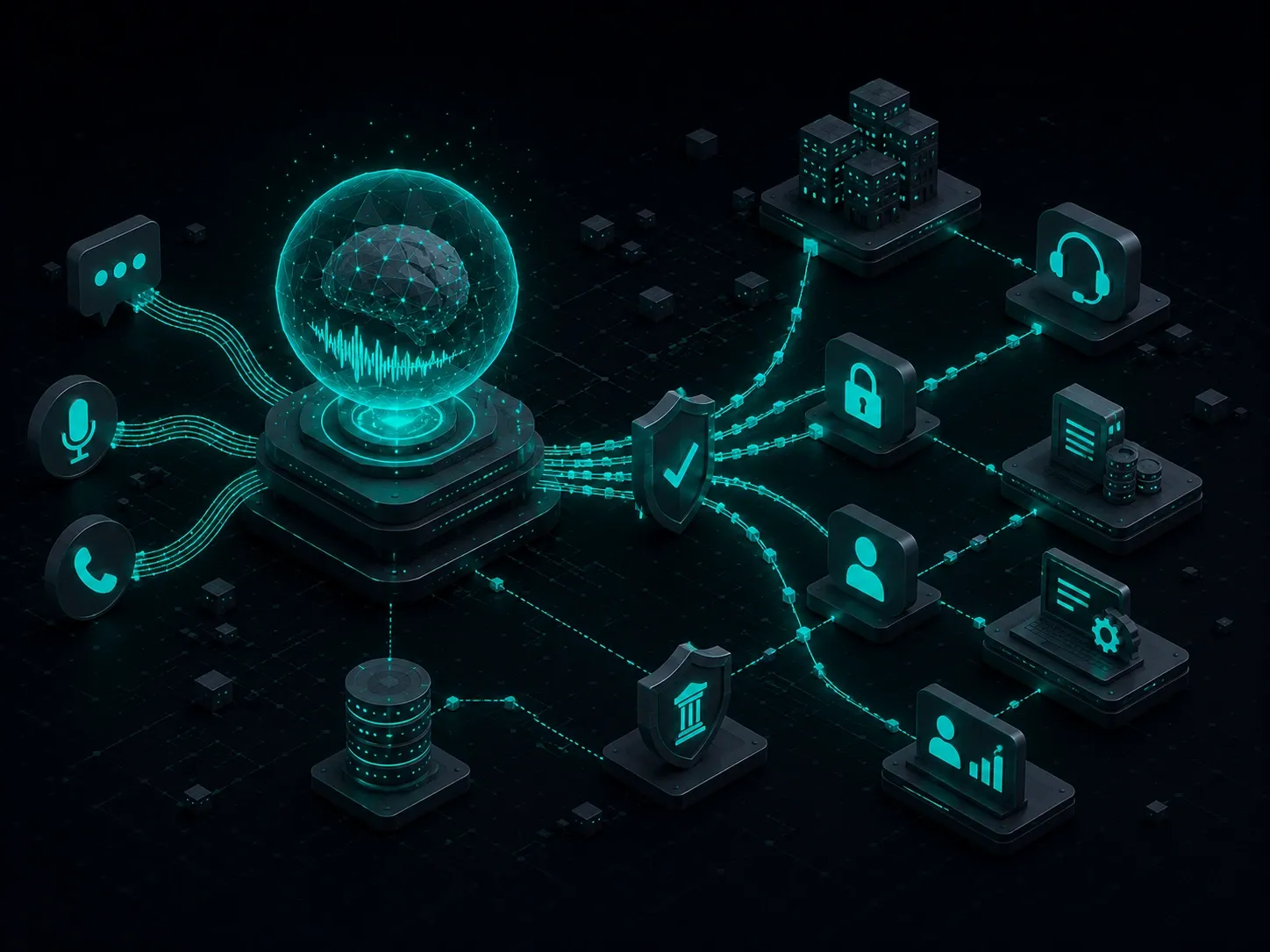 Enterprise AI workflow with secure voice and chat agent orchestration across business systems.