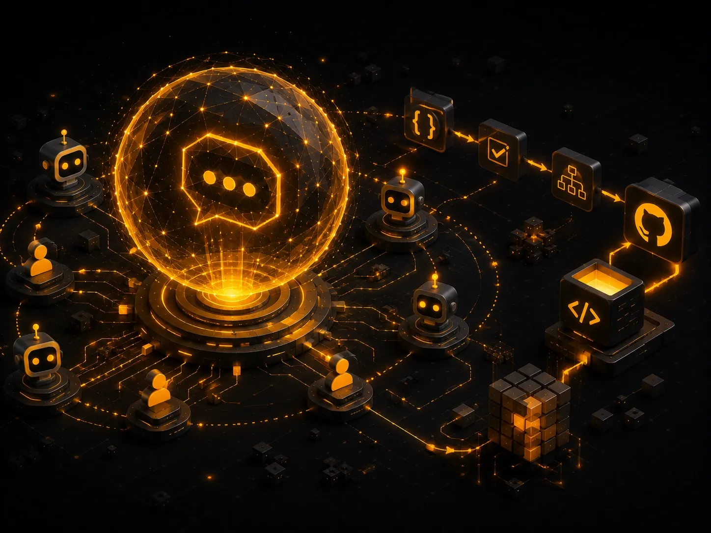 Collaborative AI agent network connected through an open-source workflow and developer ecosystem.