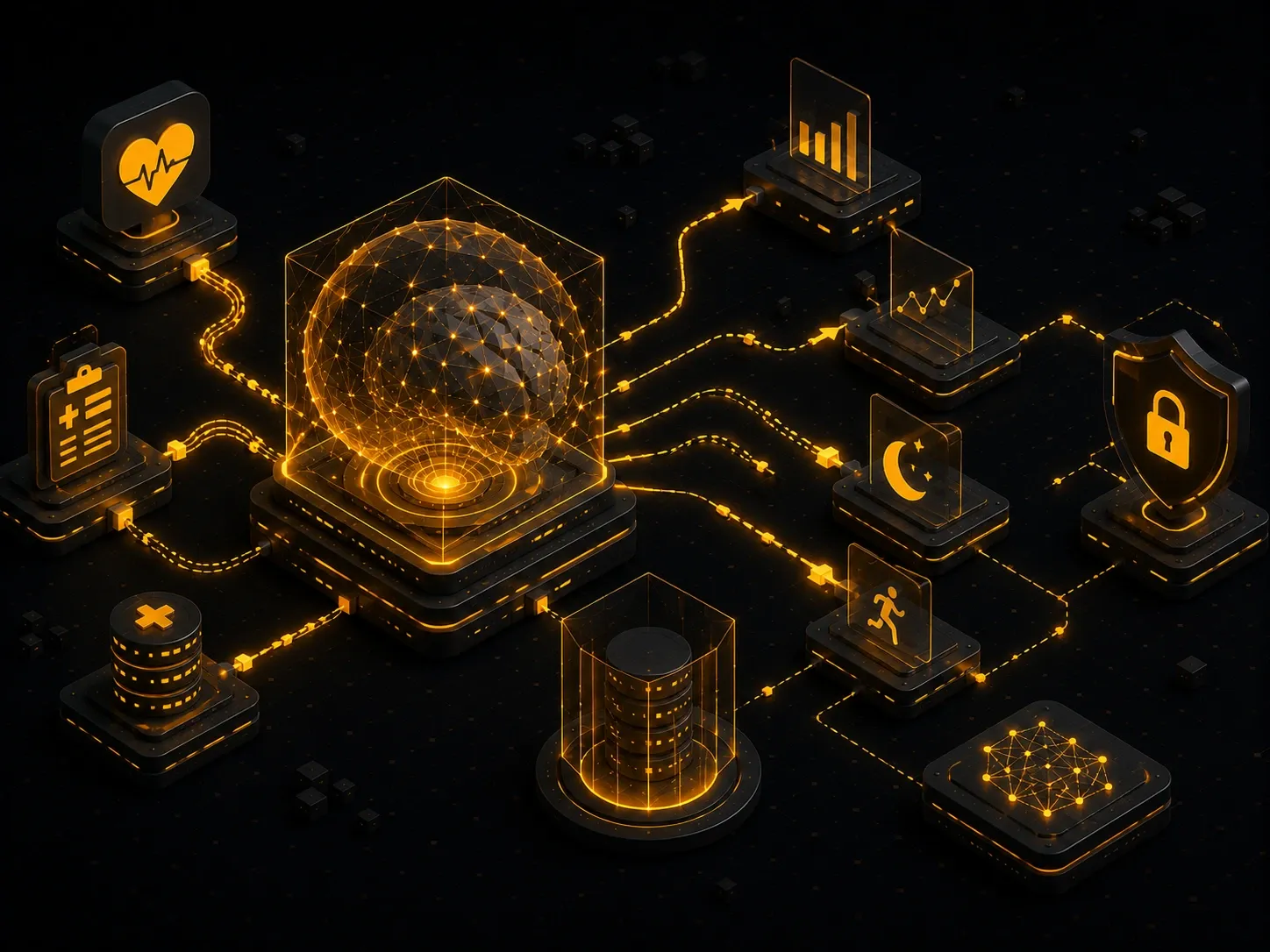 Secure AI-powered health data workspace connecting medical records, analytics and privacy-focused workflows.