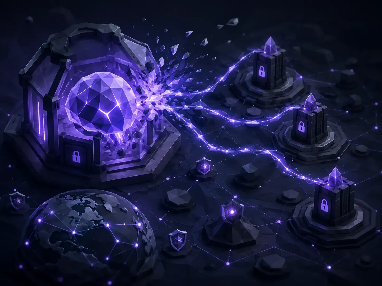 Isometric cybersecurity scene showing a breached AI containment system with glowing purple network connections and secure infrastructure.