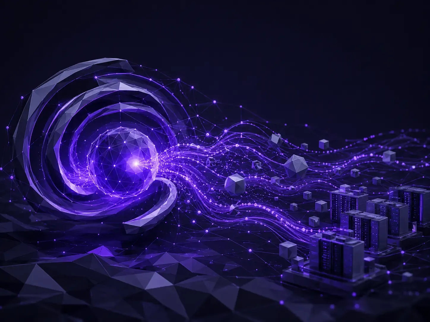 Abstract low-poly AI energy core sending flowing data waves toward compute infrastructure, symbolizing next-generation AI research.