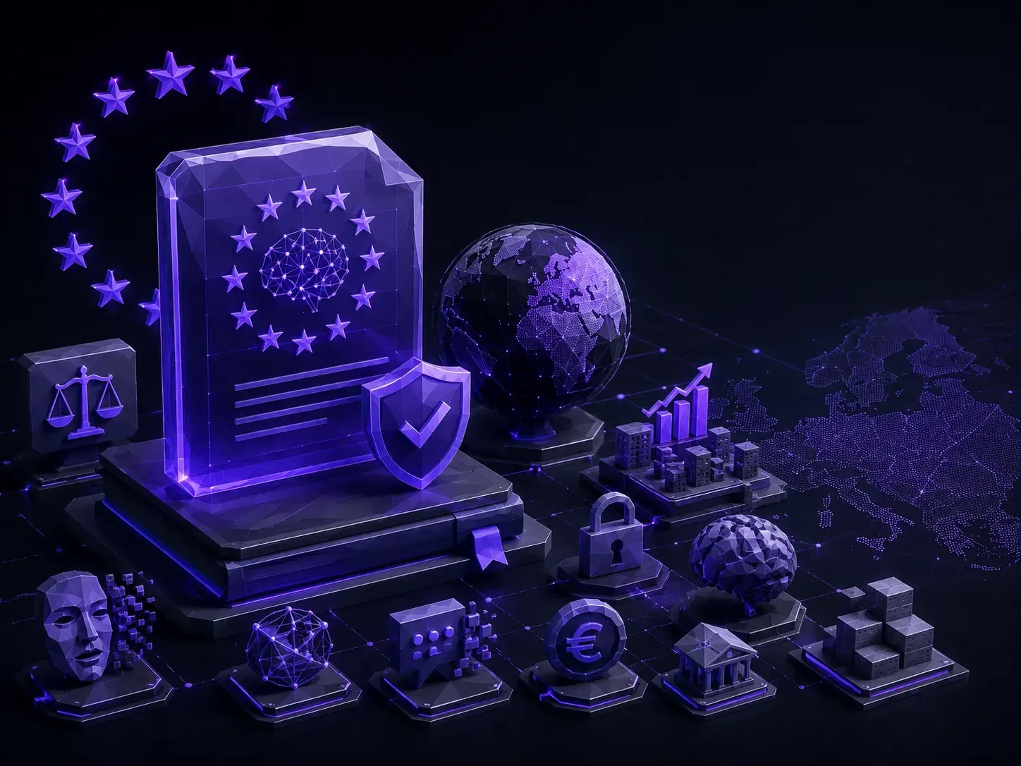 Editorial illustration of AI governance with digital compliance document, shield, globe, and connected regulatory ecosystem.
