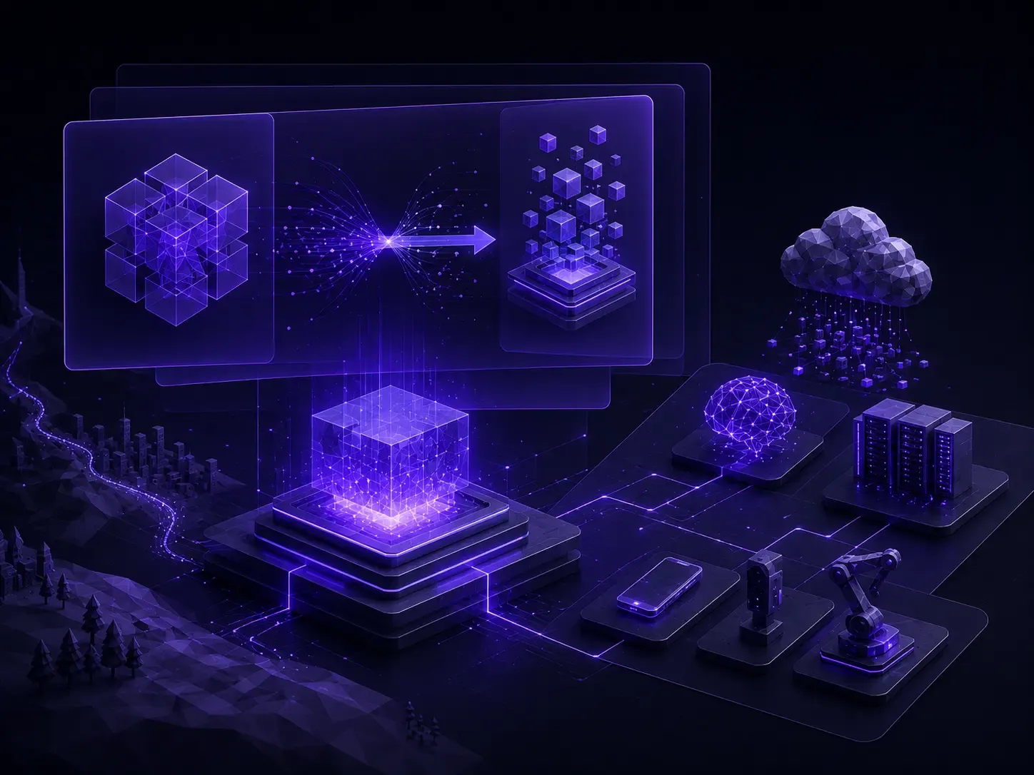 Futuristic AI compute platform connecting cloud, edge devices, servers, and modular infrastructure through floating interface panels.