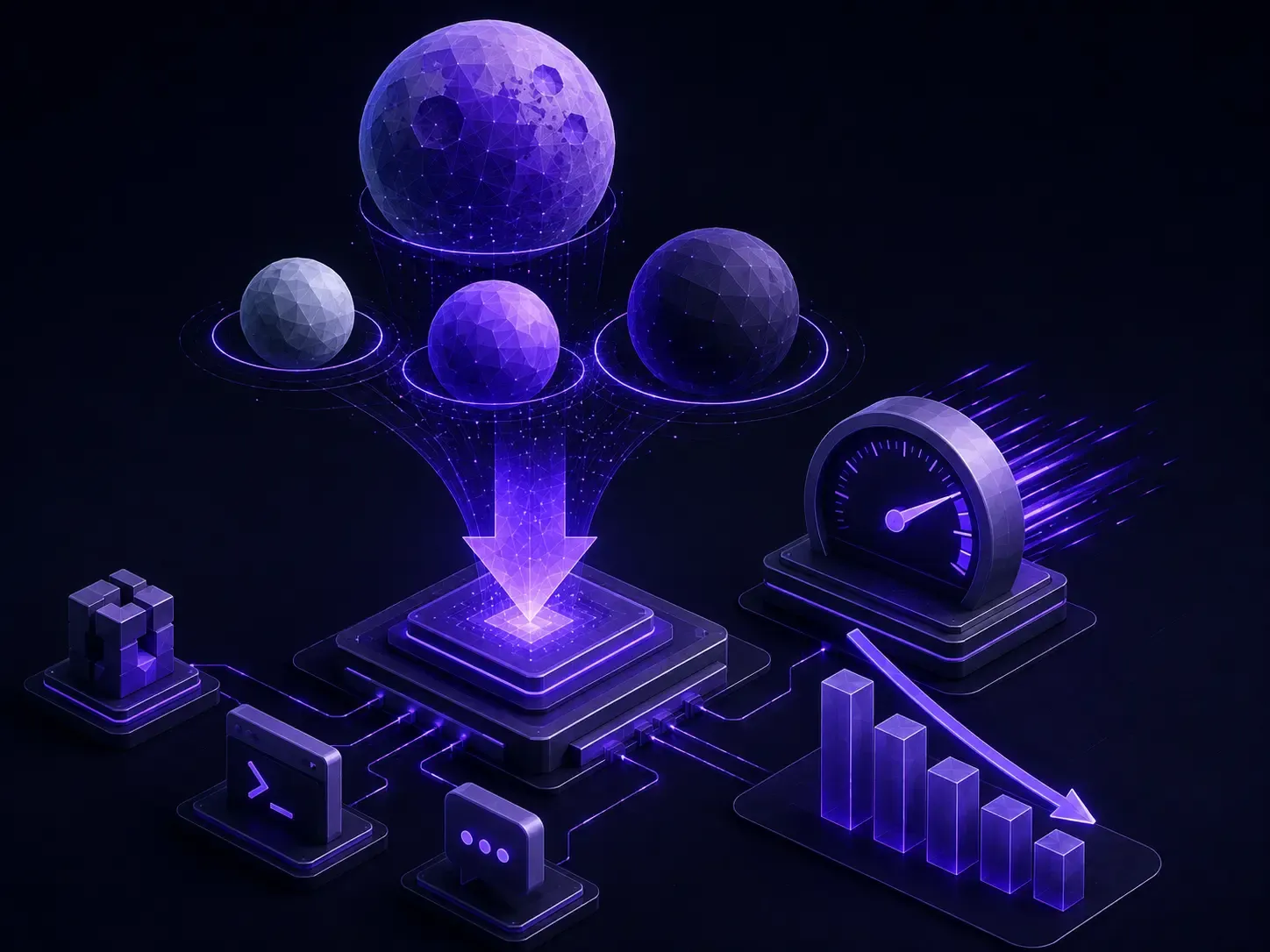 Isometric AI infrastructure showing optimized compute, faster processing, and lower inference costs with developer-focused visuals.
