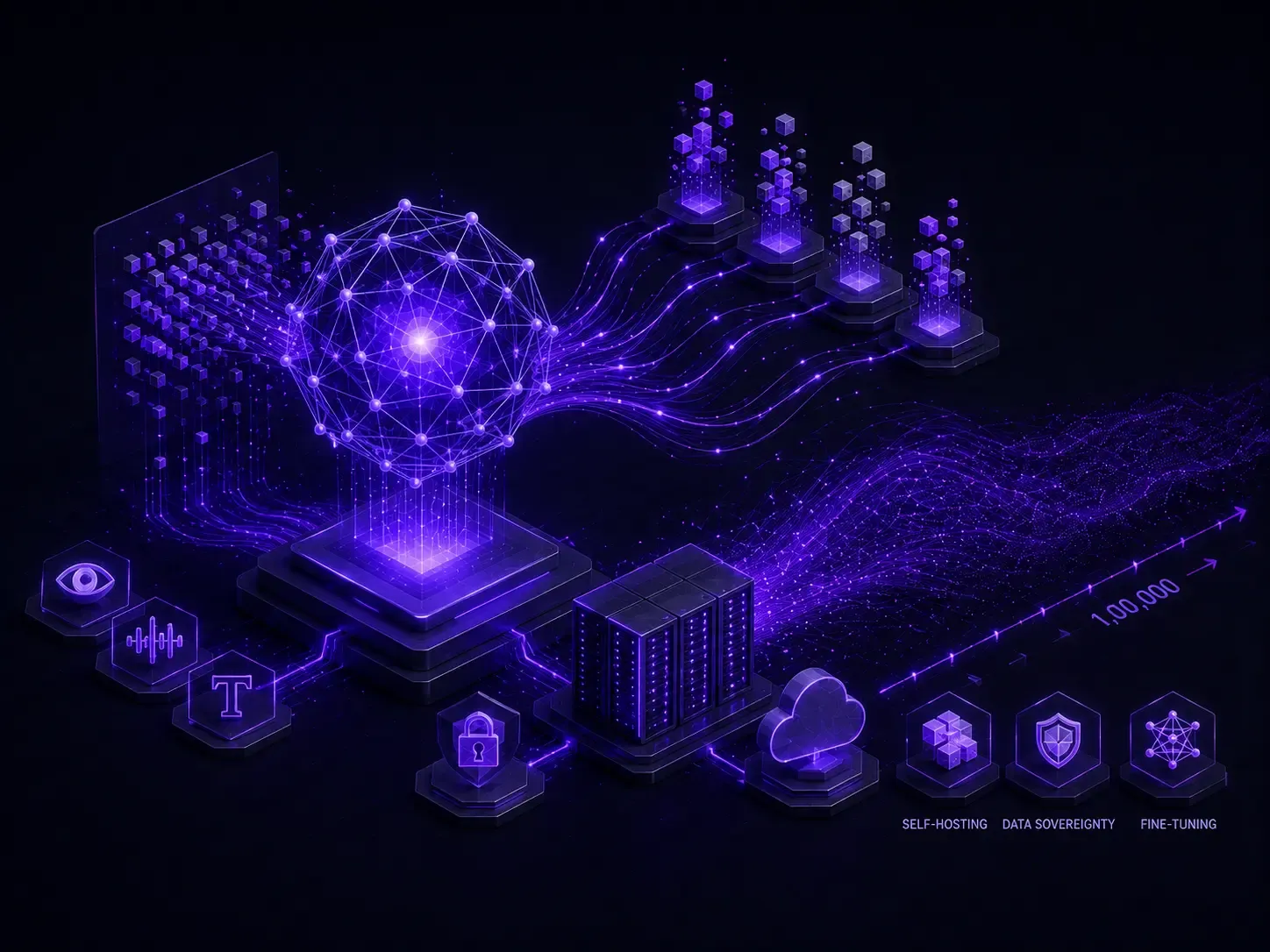 Abstract AI network connecting multimodal infrastructure, expert modules, servers, and self-hosted deployment ecosystem.