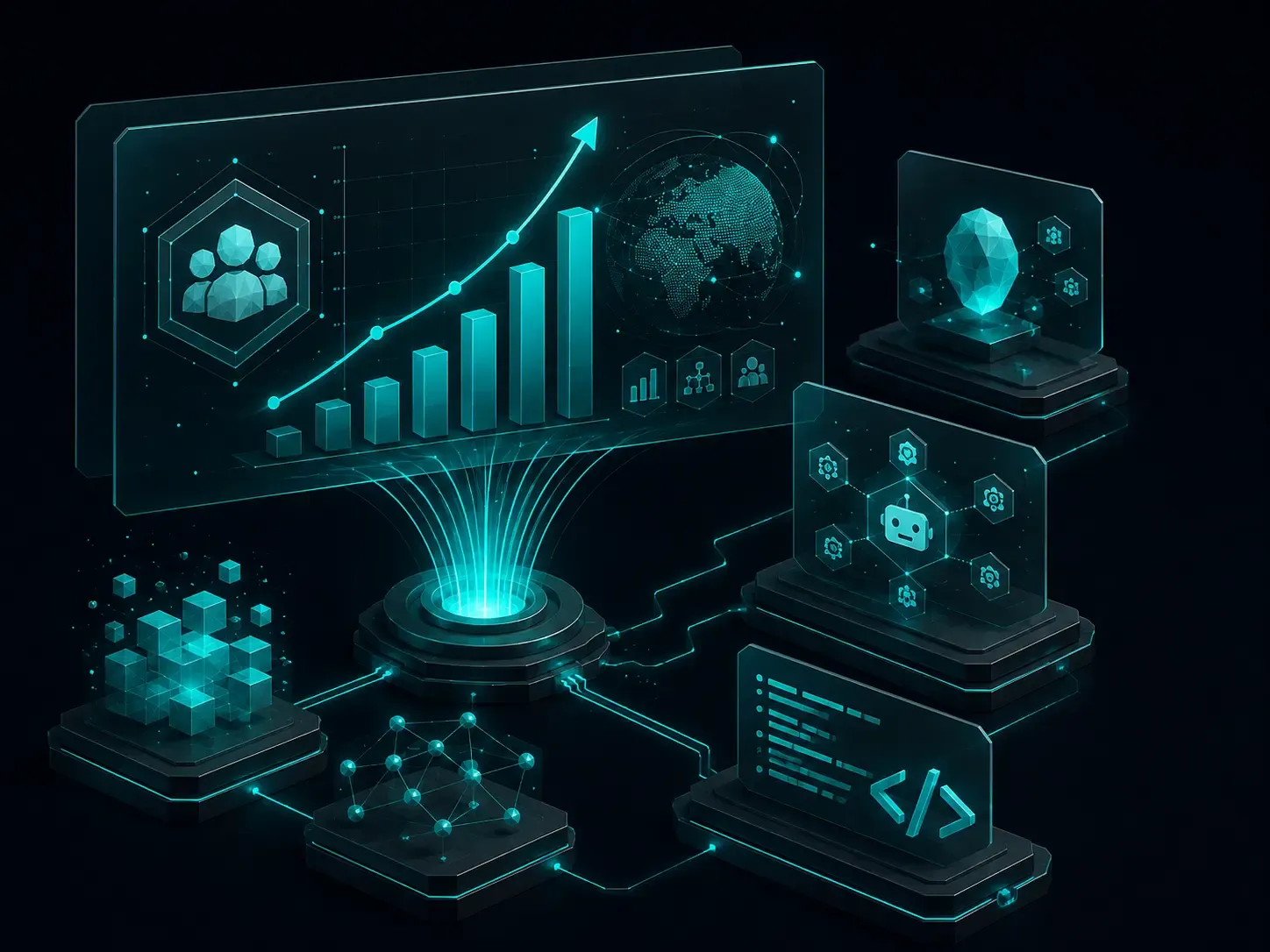 Glowing analytics dashboard illustrating AI agent adoption, enterprise growth, developer tools, and global deployment.