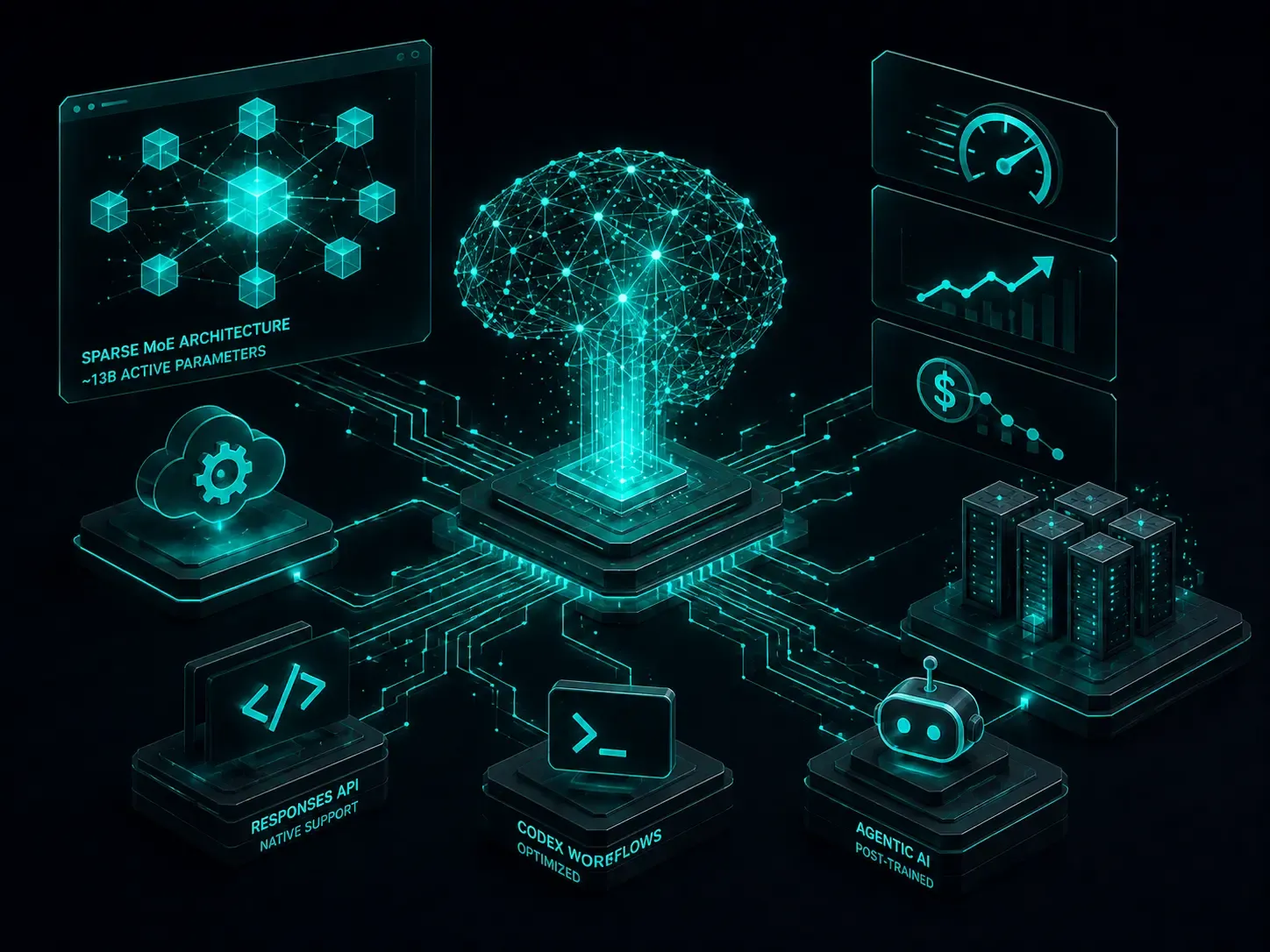 AI processing hub connected to coding, servers, automation, and agent workflows through illuminated circuit pathways.
