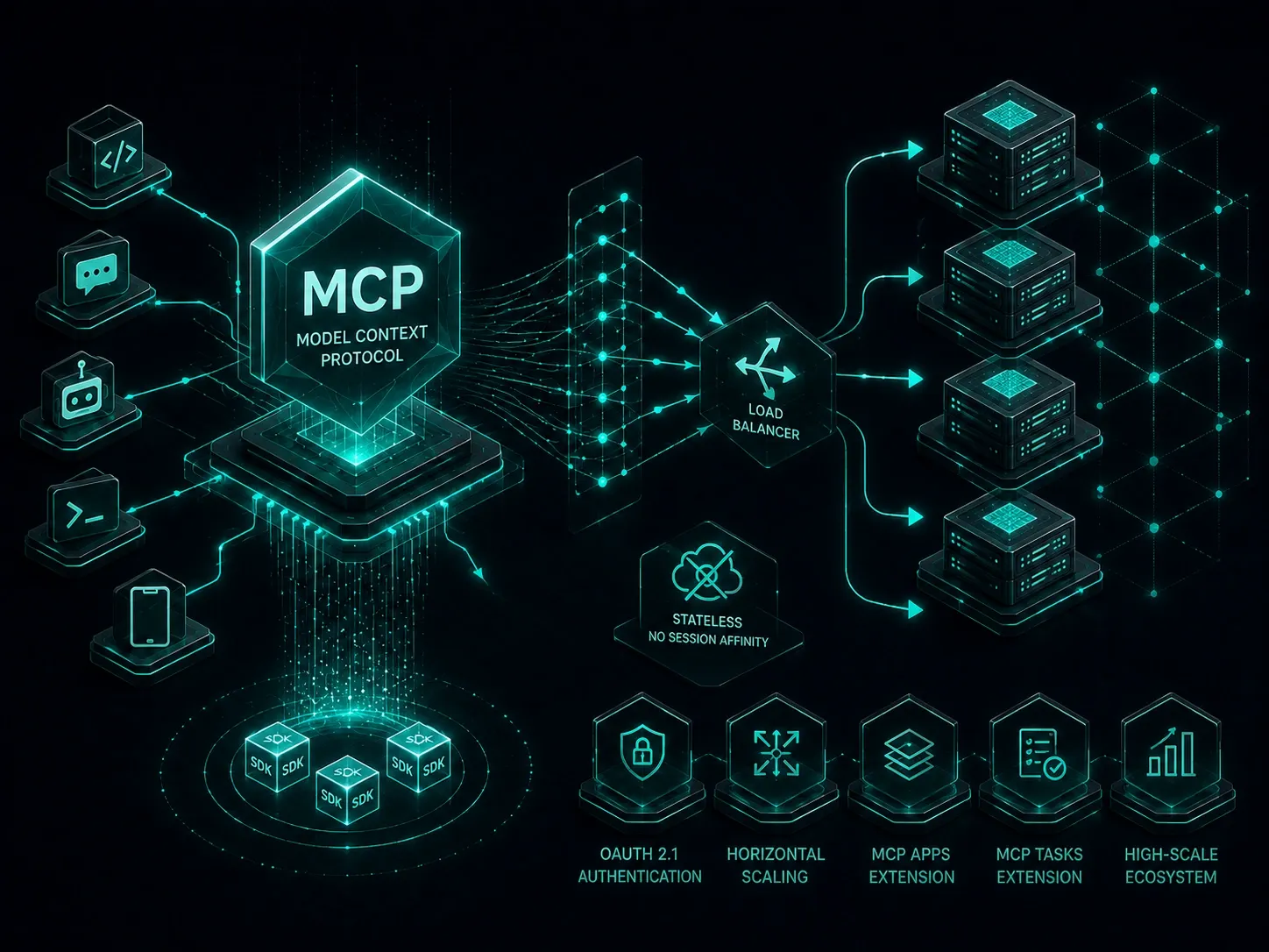 Network architecture illustrating stateless protocol routing, load balancing, distributed servers, and scalable developer infrastructure.